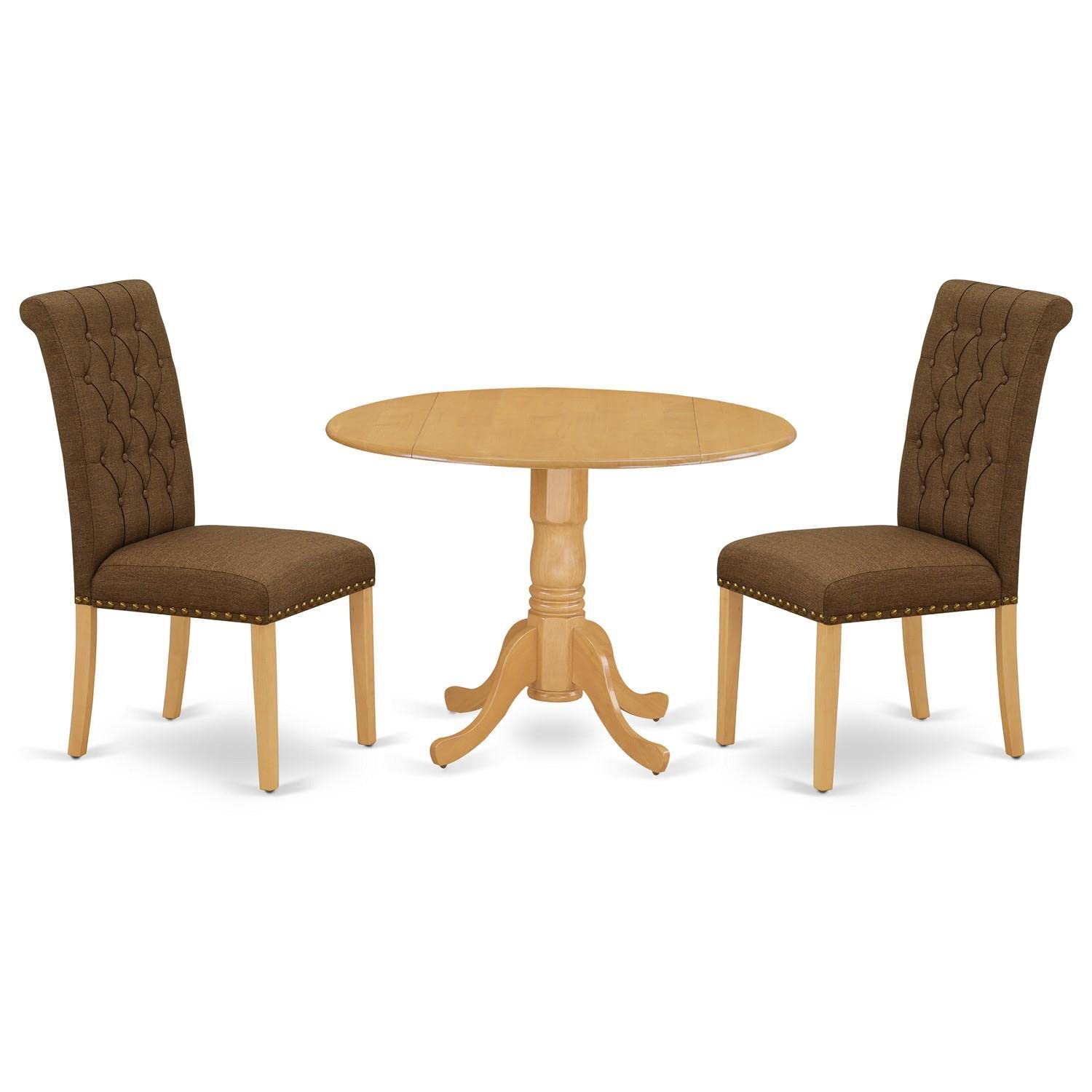 East West Furniture DLBR3-OAK-18 3-Piece Round Kitchen Table Set with Drop Leaf & 2 Upholstered Chairs - 42x42 Inch Oak Dining Set for Small Spaces, Breakfast Nook, Apartment Dining | Brown Linen Fabric Chairs