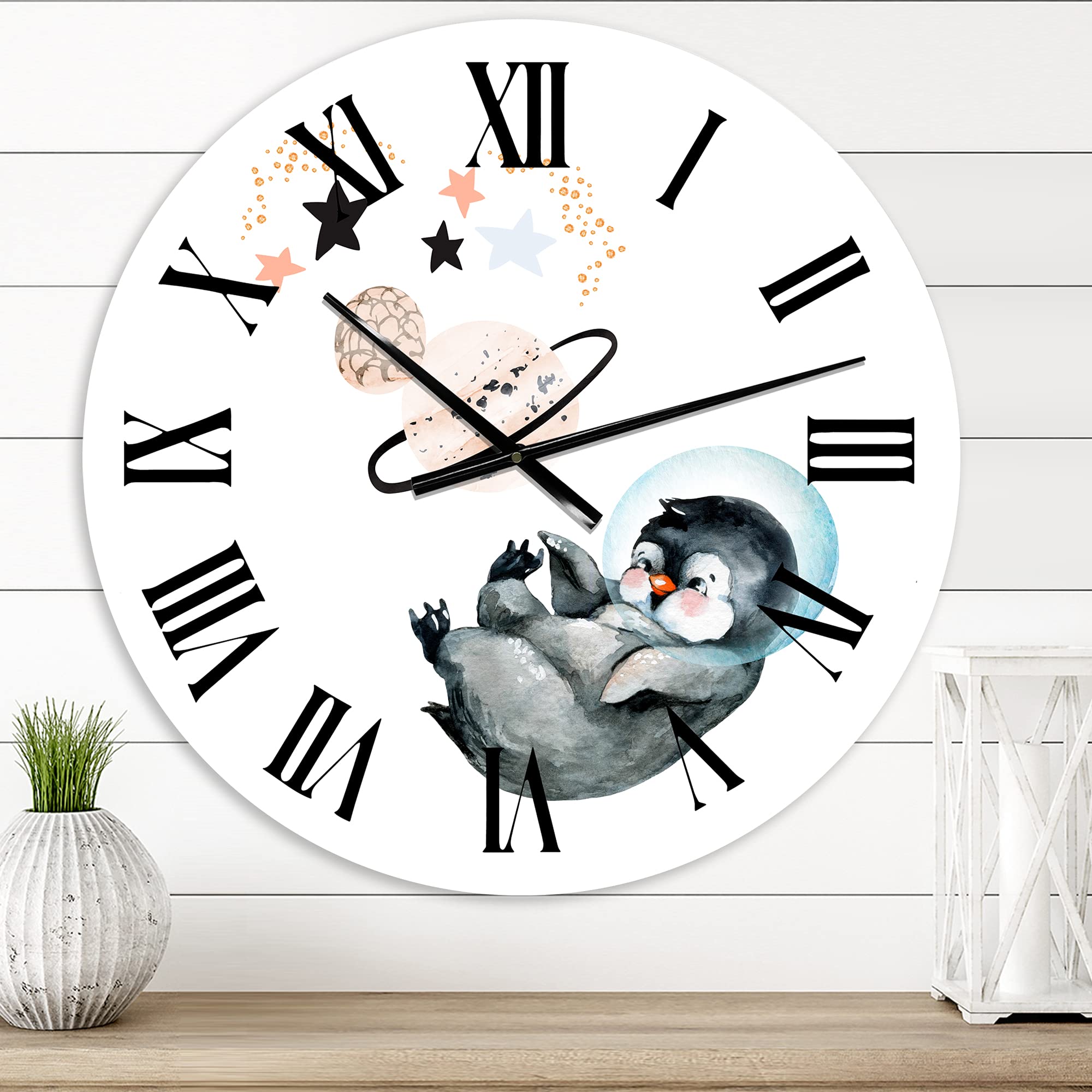 Farmhouse Wall Clock - Little Penguin with Stars & Planets Design, Large Decorative Clock for Living Room, Bedroom & Kitchen | Perfect for Home, Office & Nursery Décor