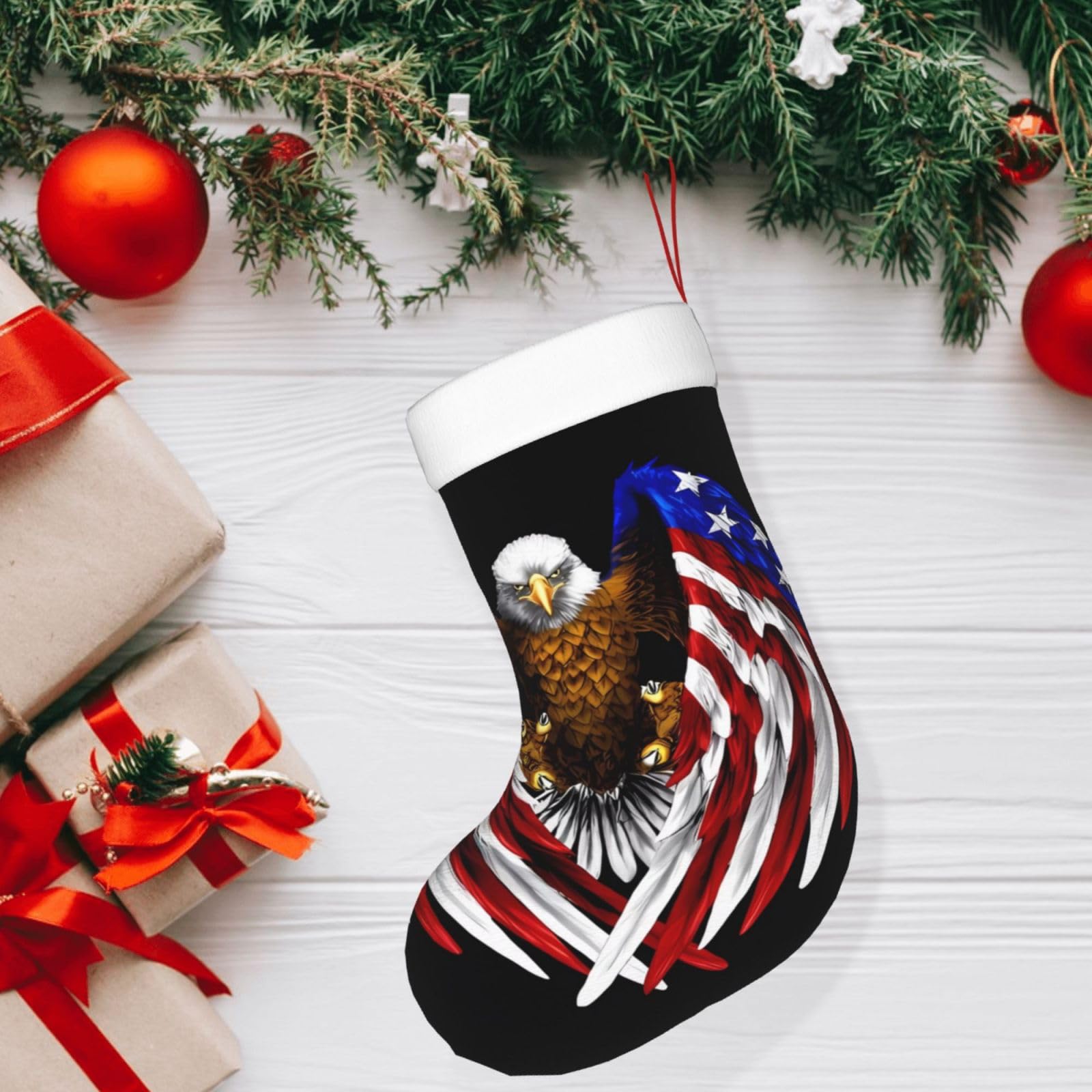 Personalized Christmas Stocking with USA Flag & Patriotic Eagle Design - 18 Inch Large Xmas Stocking for Fireplace Decor | Perfect for Holiday Home Decor, Gift Exchange & Festive Christmas Celebrations