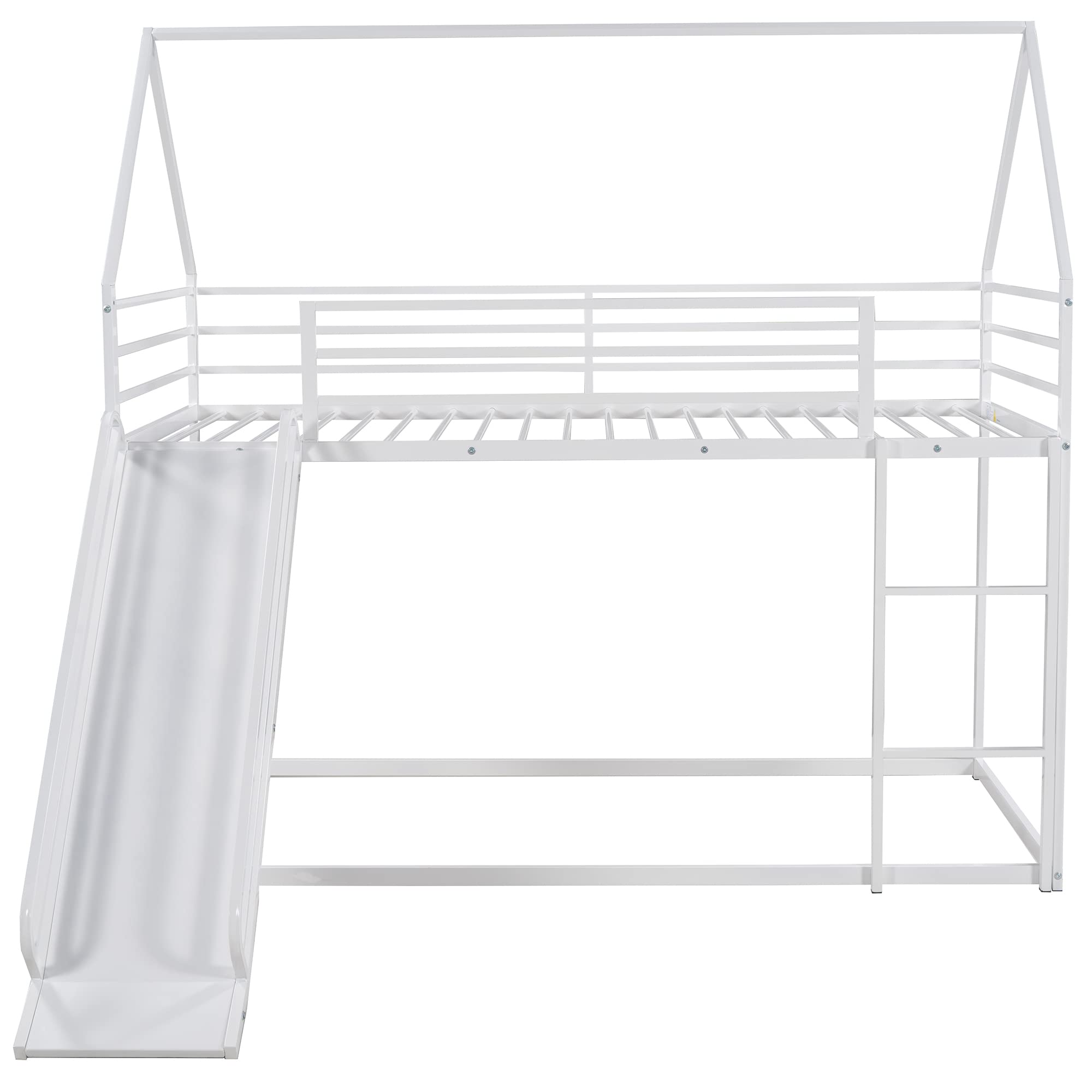 Kids Metal Bunk Beds with Slide - Twin Over Twin Low Loft House Bed for Boys & Girls - White Space-Saving Bedroom Furniture for Small Rooms & Sleepovers