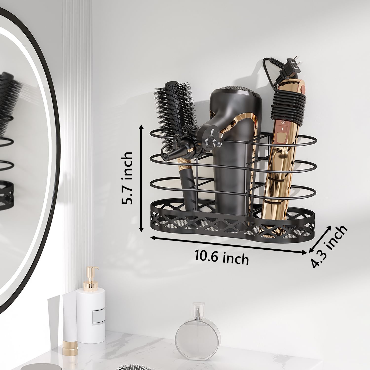 Black Hair Dryer Holder & Organizer - Wall Mount Blow Dryer Storage for Bathroom, Cabinet Door - Perfect for Hair Styling Tools Like Flat Irons & Curling Straighteners - Ideal for Salon, Home & Travel Use