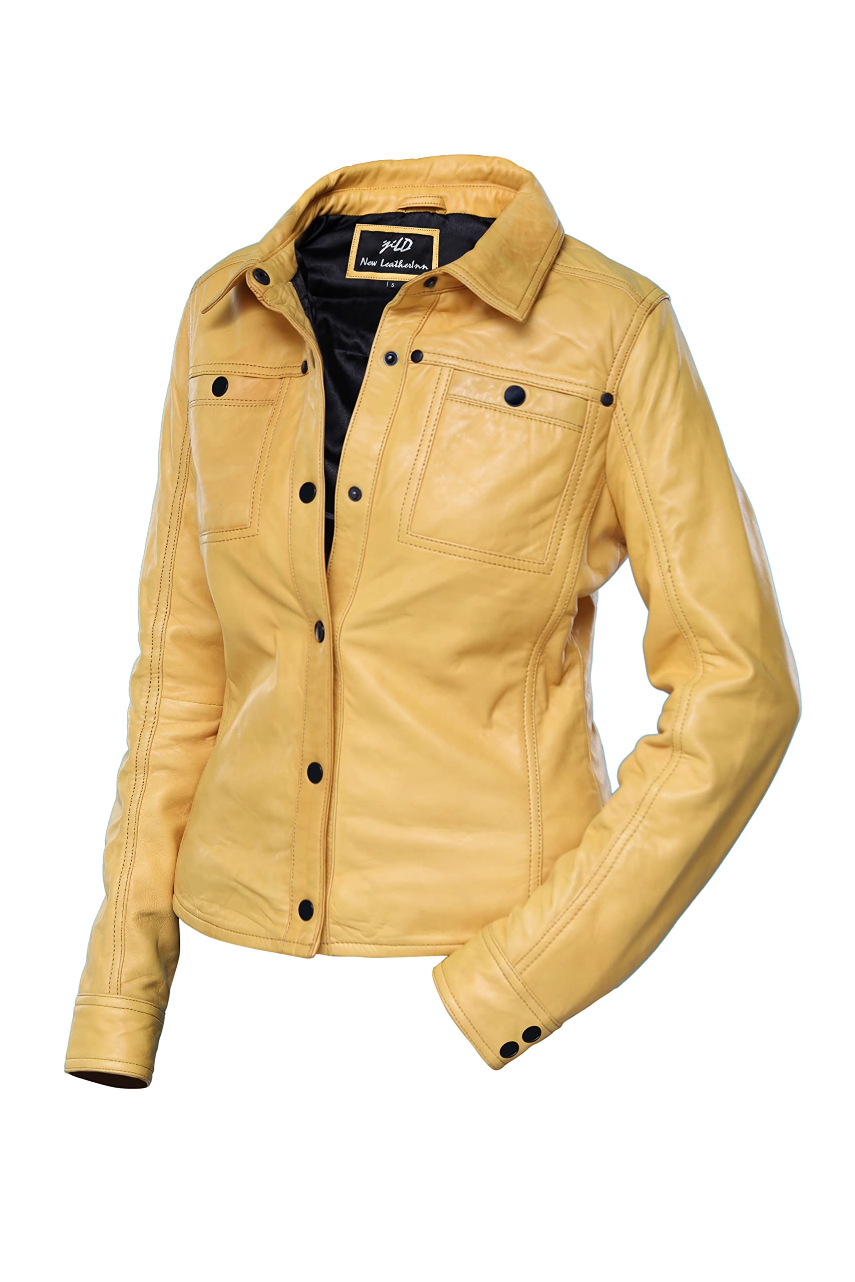 Jild Women's Button Front Lambskin Leather Jacket Shacket - Long Sleeve Casual Shirt Jacket with Bust Pocket | Perfect for Fall Layering, Date Nights & Office Wear