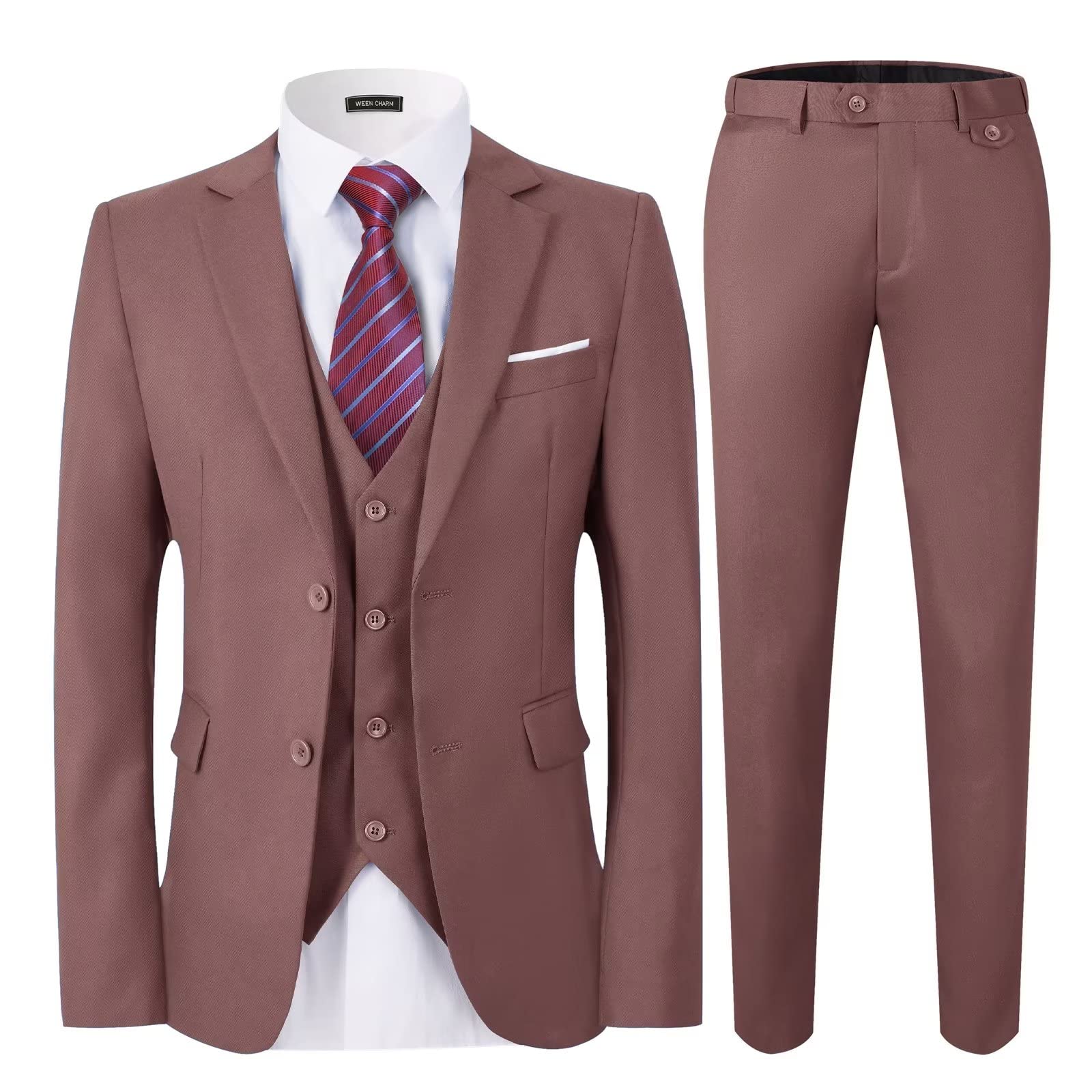 WEEN CHARM Men's Slim Fit 3-Piece Suit Set - 2 Button Blazer, Vest & Pants with Tie - Formal Tuxedo for Business, Weddings & Special Occasions
