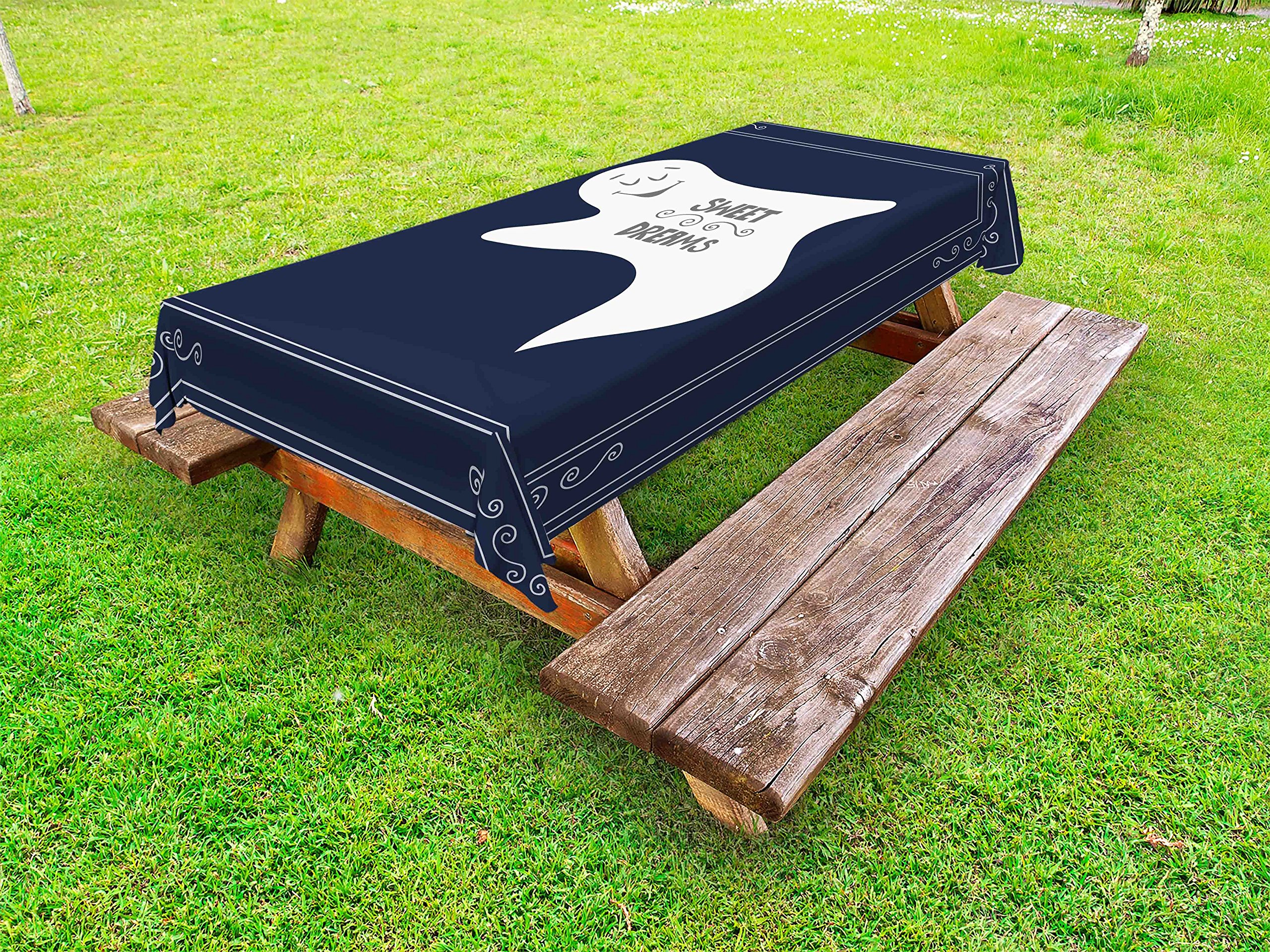 Ambesonne Halloween Tablecloth - Dark Blue with Sleeping Ghost Design, Washable Picnic Table Cover 58x84 inches - Perfect for Outdoor Dining, Spooky Parties & Fall Decor