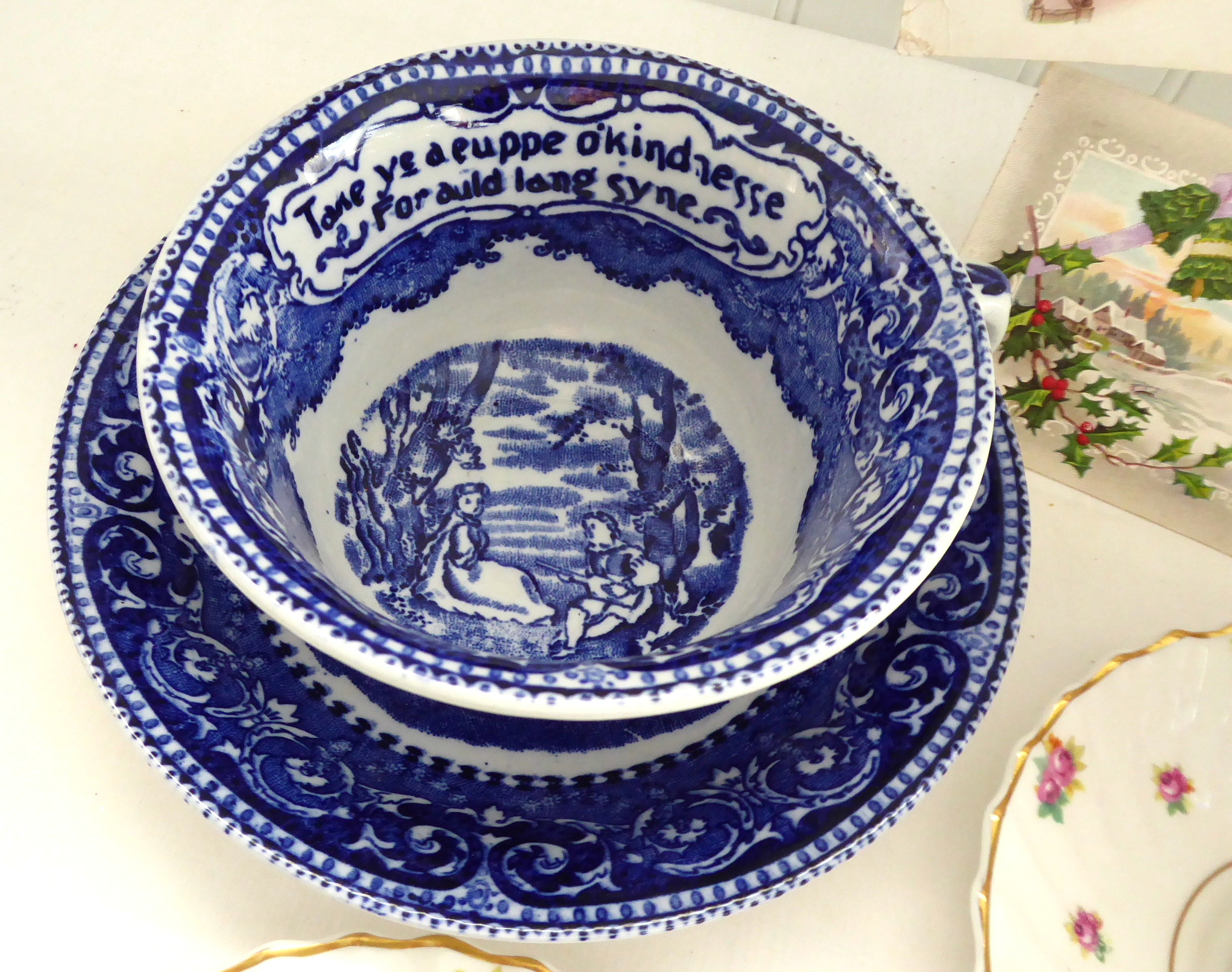 Vintage 1930s British Anchor Blue Transferware Breakfast Cup and Saucer Set - Auld Lang Syne Pattern - Perfect for Tea Time, English Breakfast, and Antique Collectors