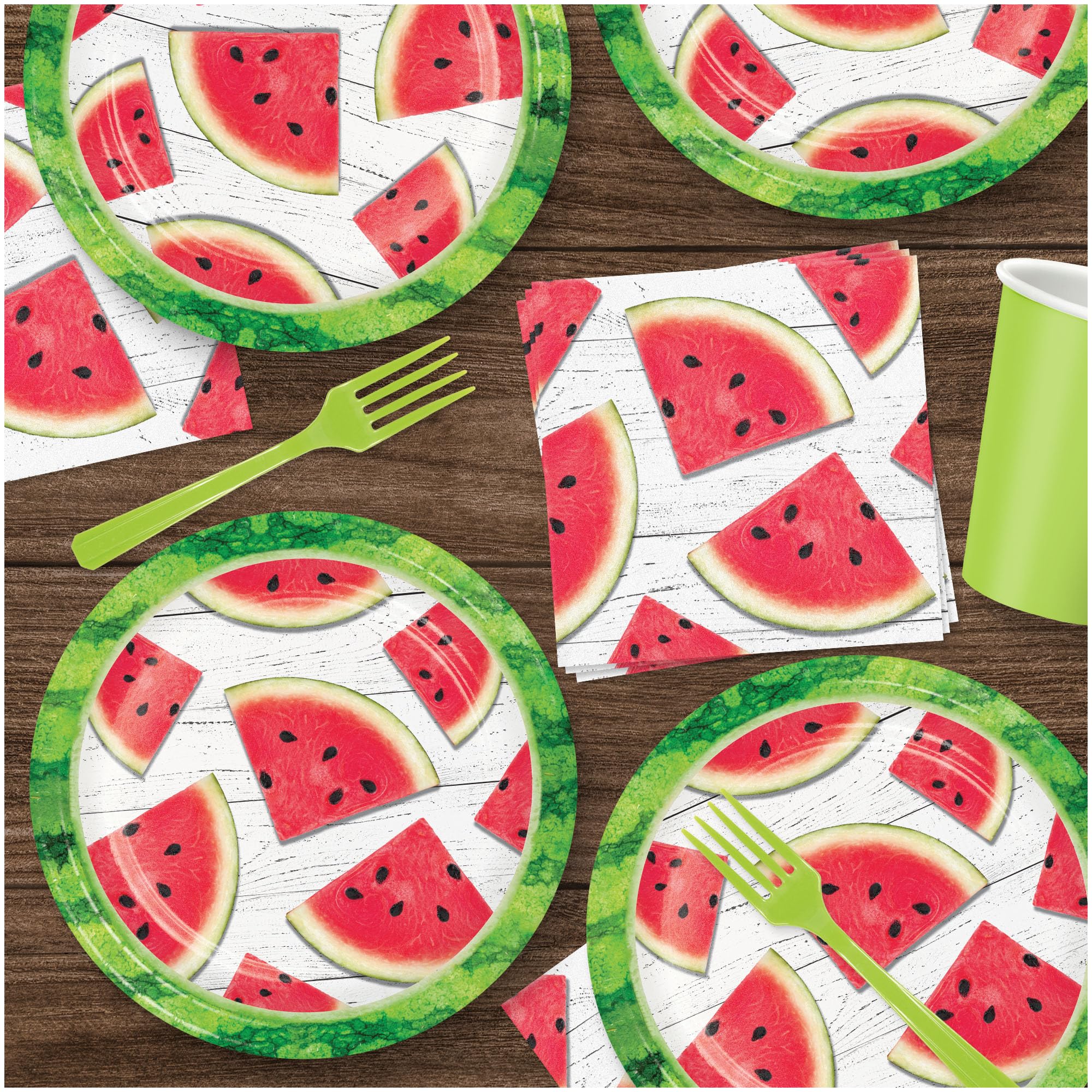 Watermelon Themed Party Supplies - 16 Pack Summer Red Melon Slice Paper Plates, Beverage Napkins & Forks Set - Perfect for BBQs, Picnics, Birthday Parties and Summer Celebrations