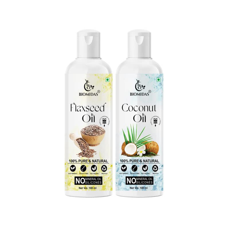 Biomidas 100% Pure Flaxseed Oil & Coconut Oil Combo (100ML Each) - Promotes Rapid Hair Growth, Reduces Hair Fall & Split Ends for Softer, Shinier Hair - Ideal for Daily Hair Care & Scalp Treatment (Pack of 2)