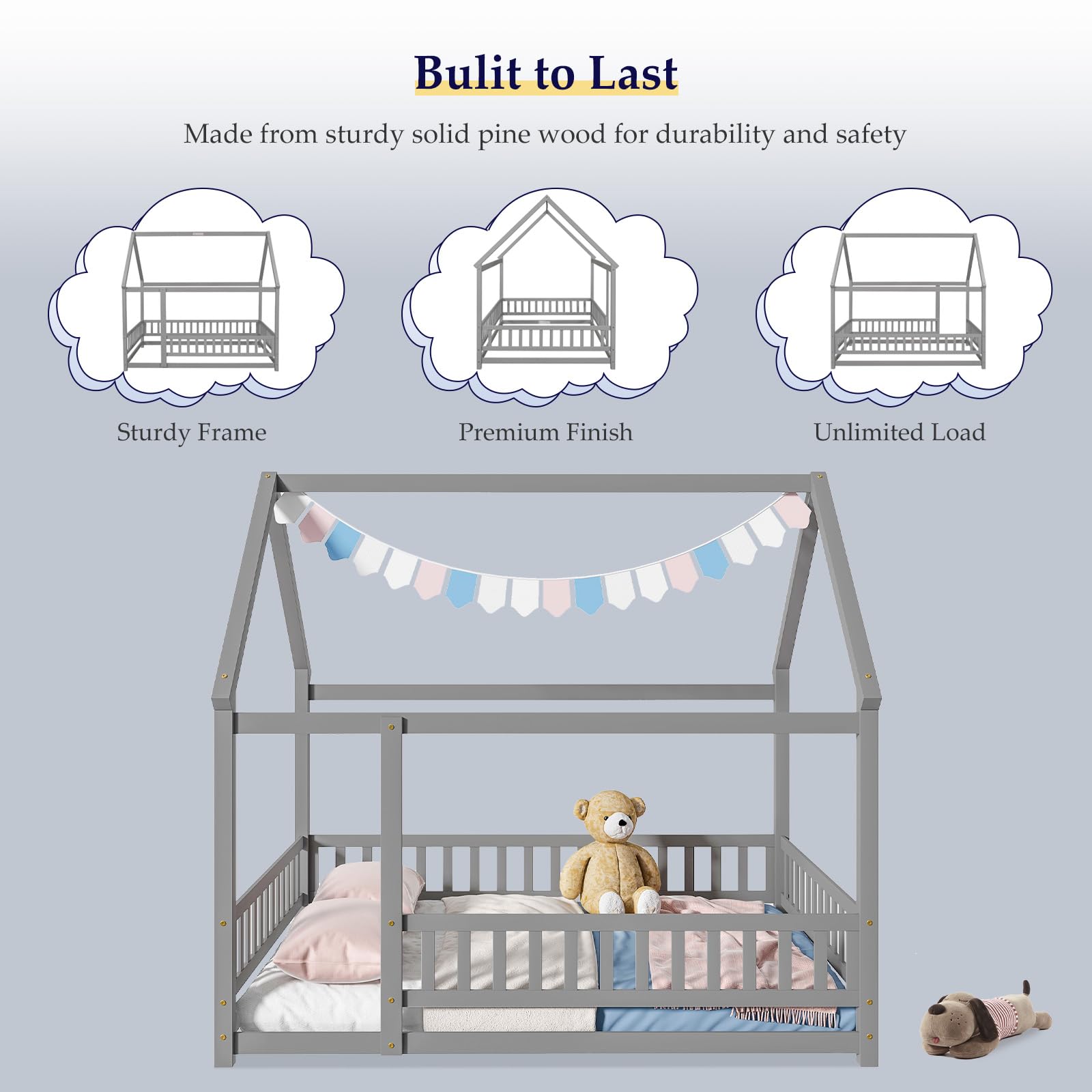 Montessori Floor Bed for Kids - Full Size Wooden House Bed with Safety Rails & Roof - Grey - Perfect for Girls & Boys Bedroom, Playroom or Montessori Classroom