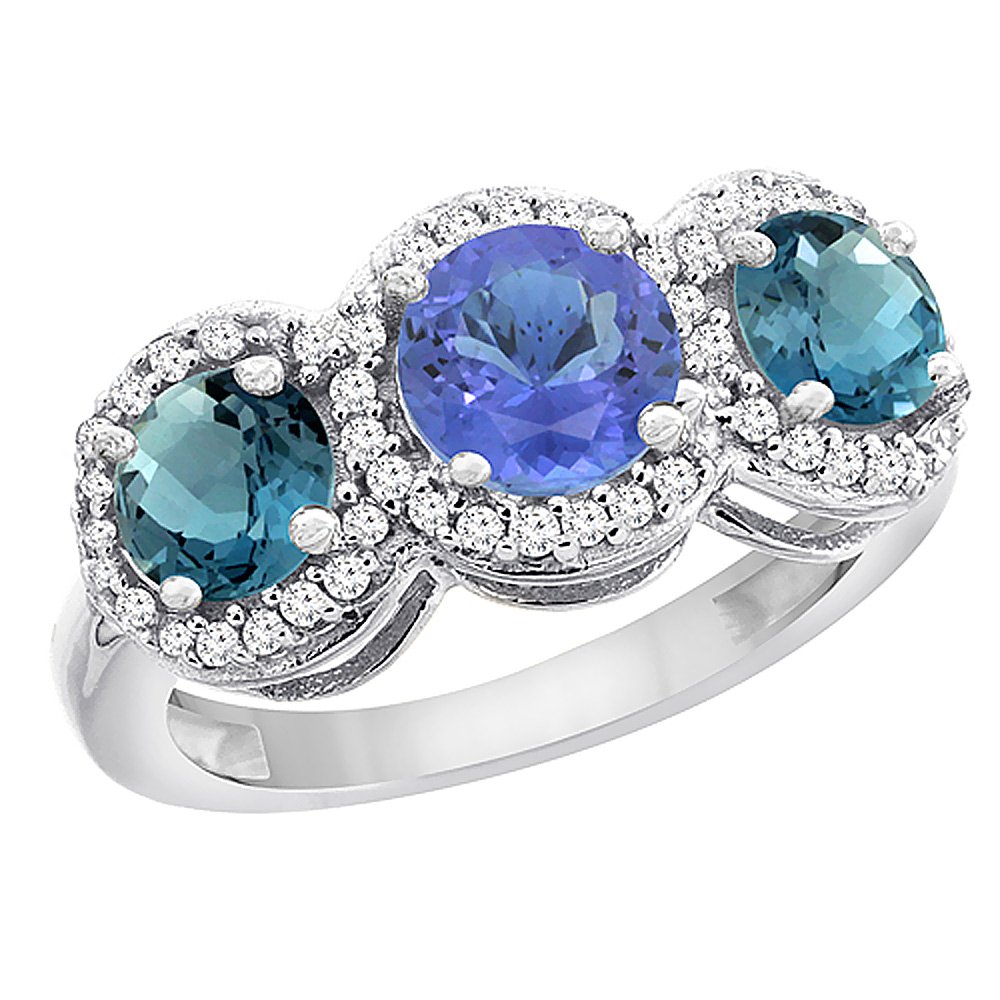 10K White Gold Natural Tanzanite & London Blue Topaz Three-Stone Ring with Diamond Accents - Sizes 5-10 | Elegant Engagement, Anniversary & Special Occasion Jewelry Gift
