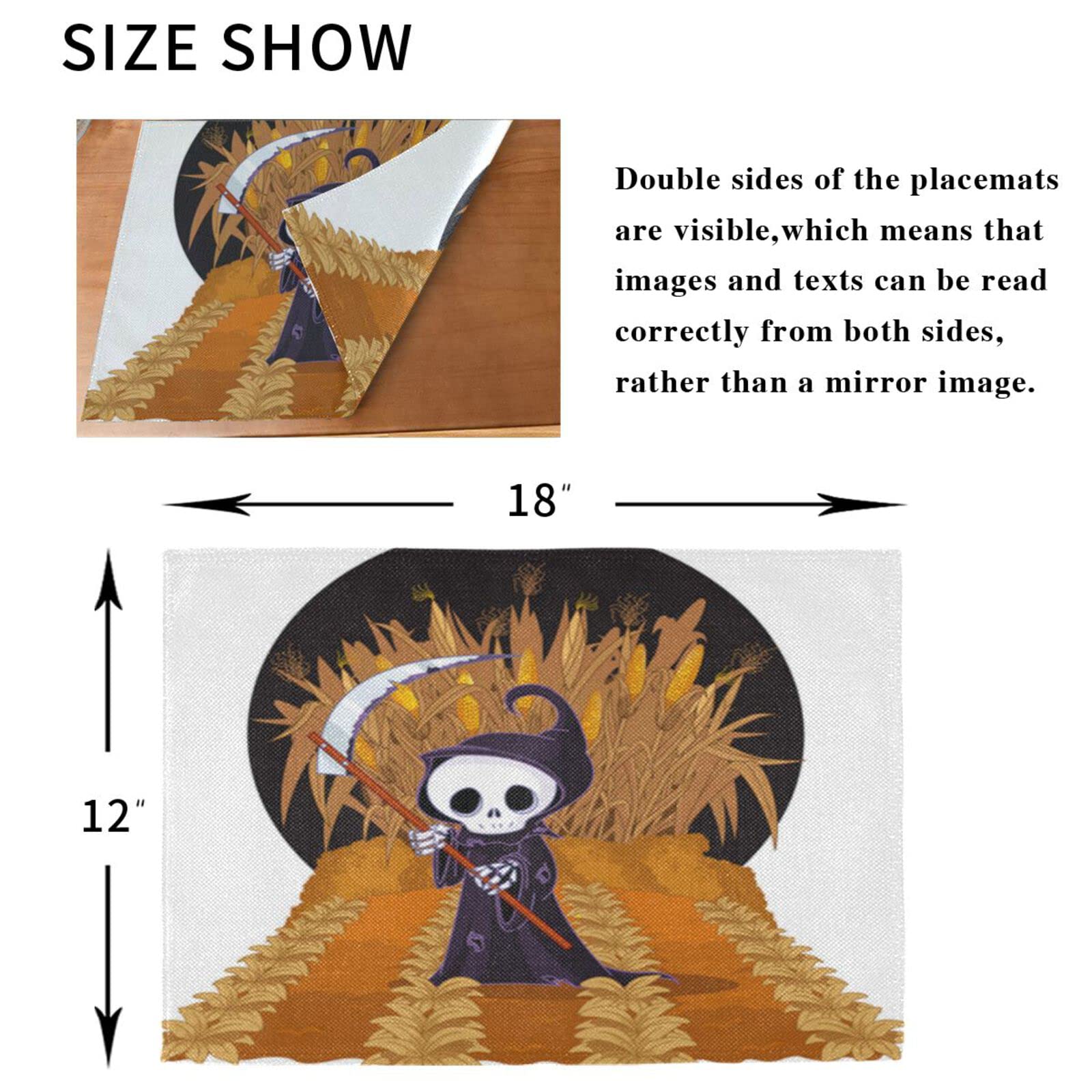 Halloween Grim Reaper Placemats Set of 4 - 12x18 Inch Washable & Heat Resistant Cloth Table Mats for Kitchen Dining - Corn Maze Themed Decor - Perfect for Spooky Dinner Parties & Halloween Home Decor