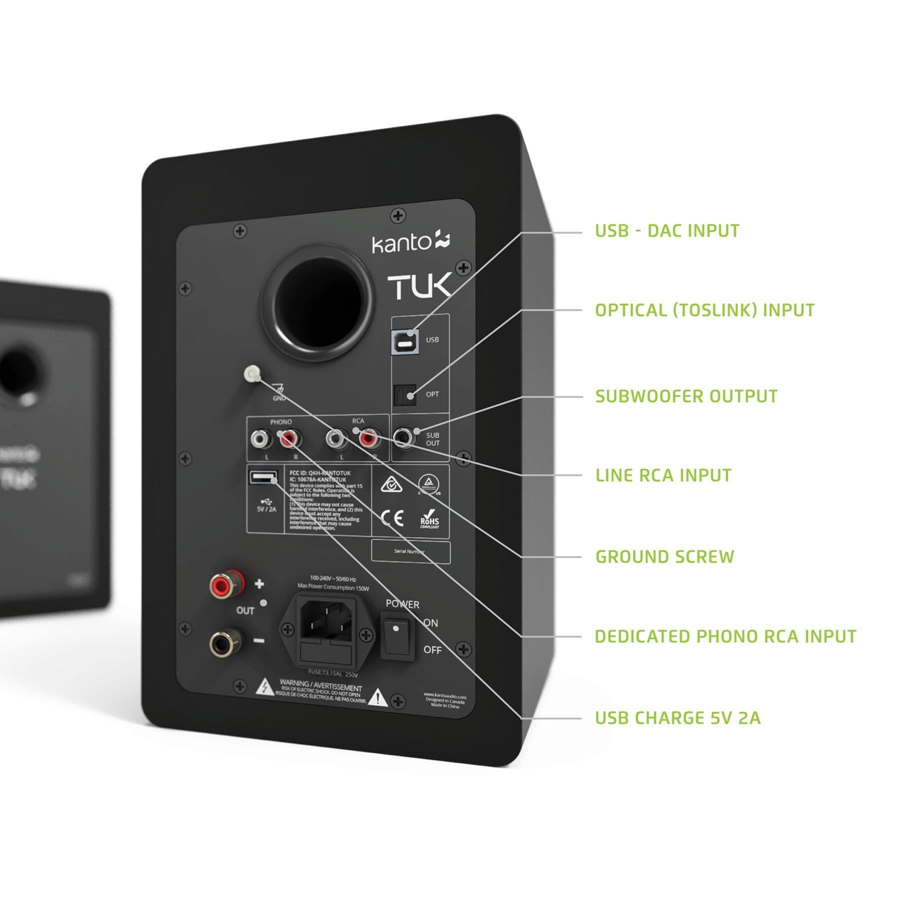 Premium Kanto TUK Powered Bookshelf Speakers - High-Fidelity USB DAC, Bluetooth 4.2, Phono Preamp & Headphone Output for Home Audio, Studio Monitoring & Gaming Setup
