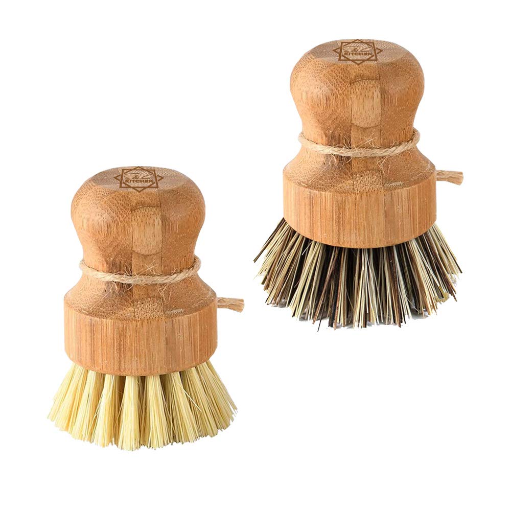 Eco-Friendly Bamboo Dish Scrub Brush Set of 2 - Natural Palm & Sisal Bristles for Pots, Pans, Vegetables & Woks - Kitchen & Bathroom Cleaning Brush with Ergonomic Handle - Perfect for Daily Dishwashing and Tough Stain Removal
