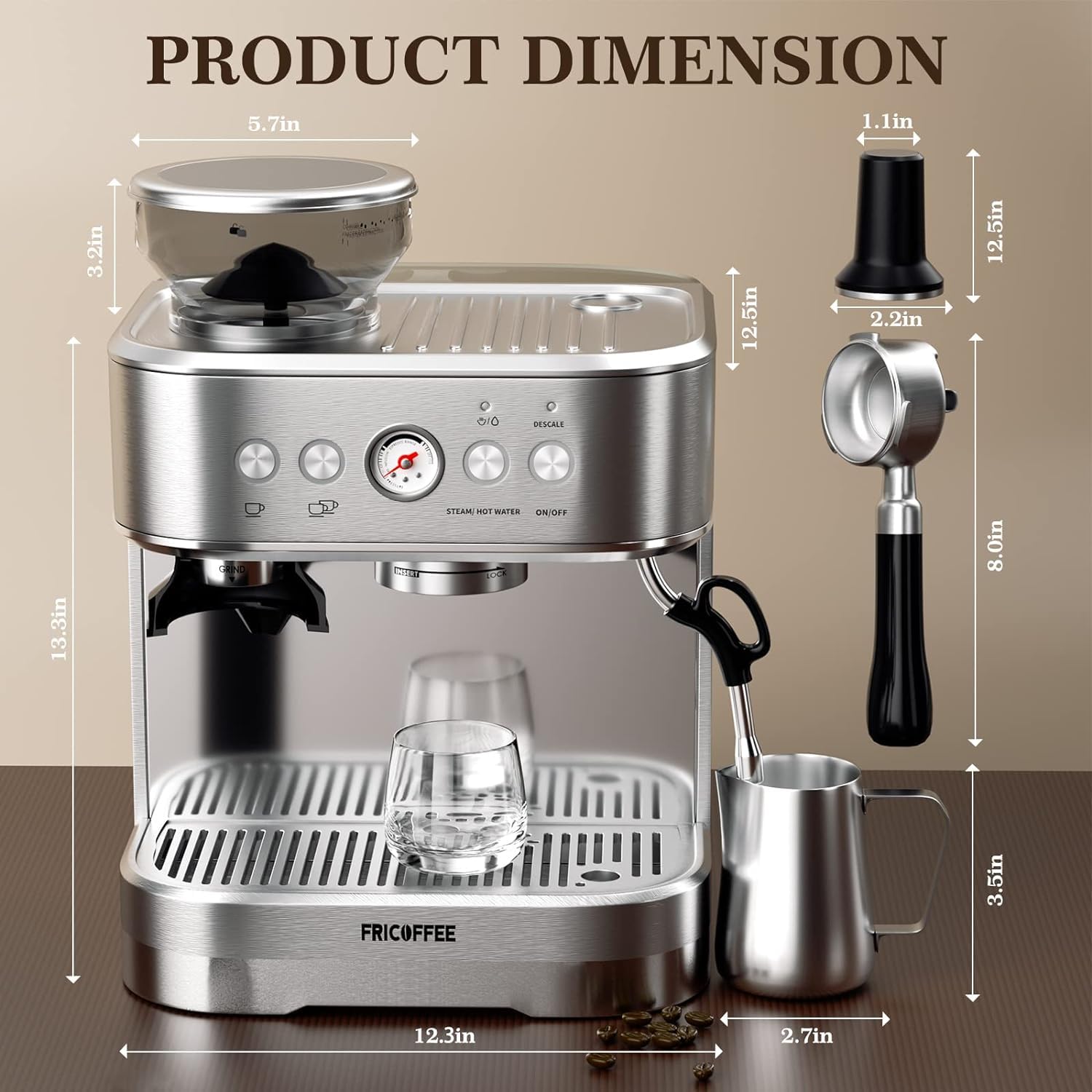 WantJoin Semi-Automatic Espresso Machine with Built-in Grinder & Milk Frother - Stainless Steel Cappuccino Maker for Home Baristas & Coffee Lovers - Perfect for Kitchen, Office, or Small Cafes