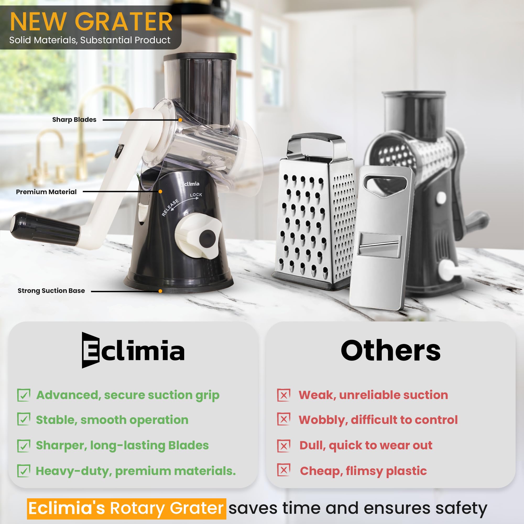 Premium Rotary Cheese Grater Set - 3-Blade Hand Crank Shredder with Suction Base, Cheese Knife, Peeler & Cleaning Brush - Perfect for Pizza, Pasta & Salad Prep - Ideal Kitchen Gift (Black)