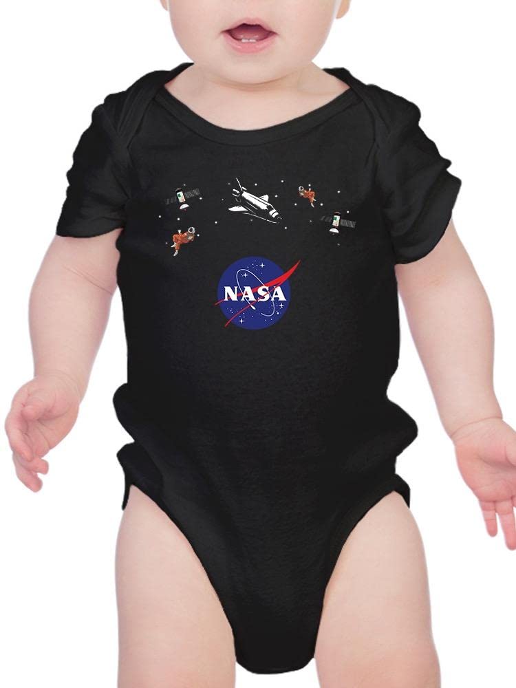 NASA Logo Floating Objects Baby Bodysuit - Black Newborn Onesie for Space Enthusiasts - Perfect for Astronaut-Themed Parties & Photo Shoots