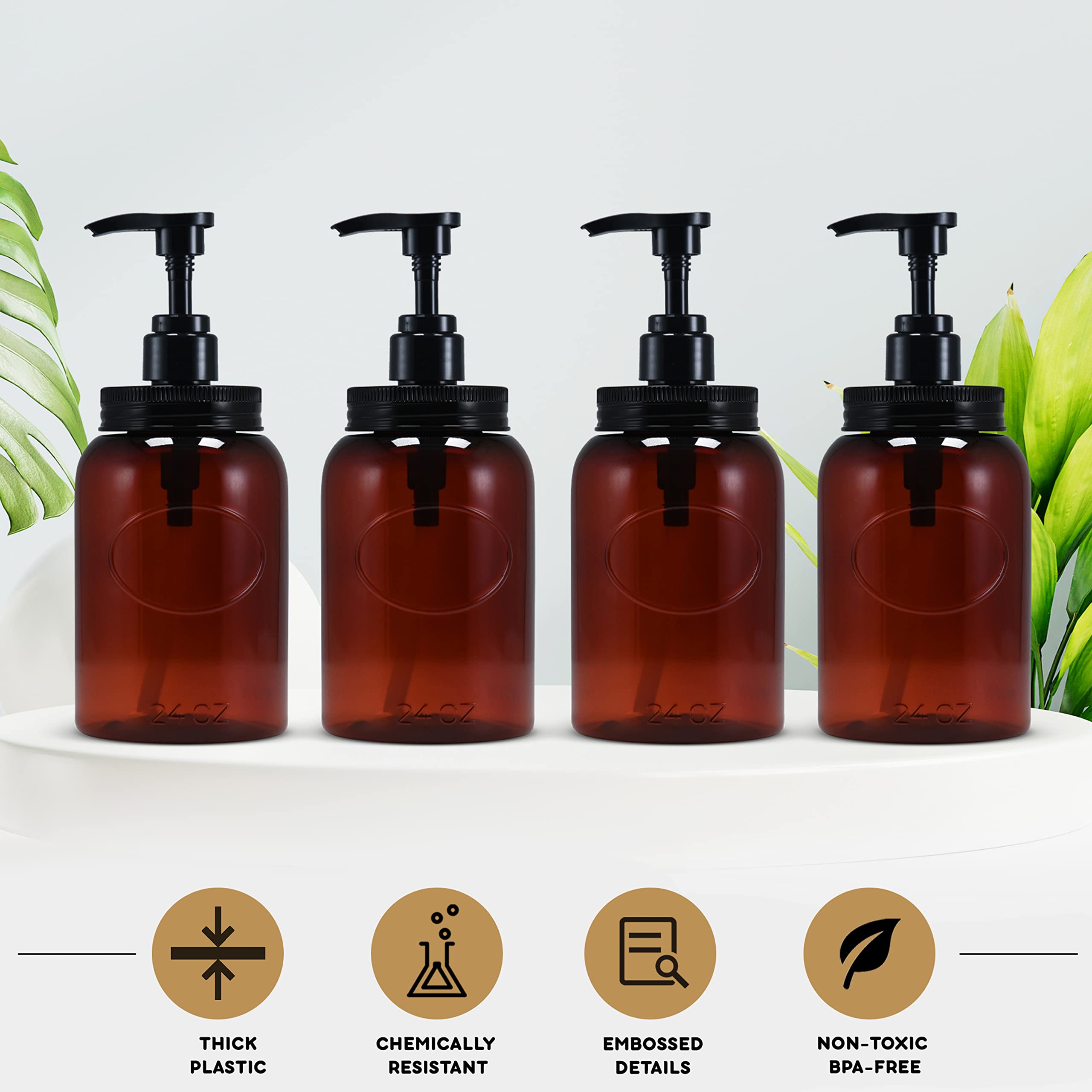 Bottiful Home - Set of 4 Amber 24oz Wide Mouth Plastic Refillable Pump Dispenser Bottles for Shampoo, Conditioner, Body Wash, Lotion & Dish Soap | Leak-Proof & Durable | Perfect for Bathroom, Kitchen & Laundry Organization