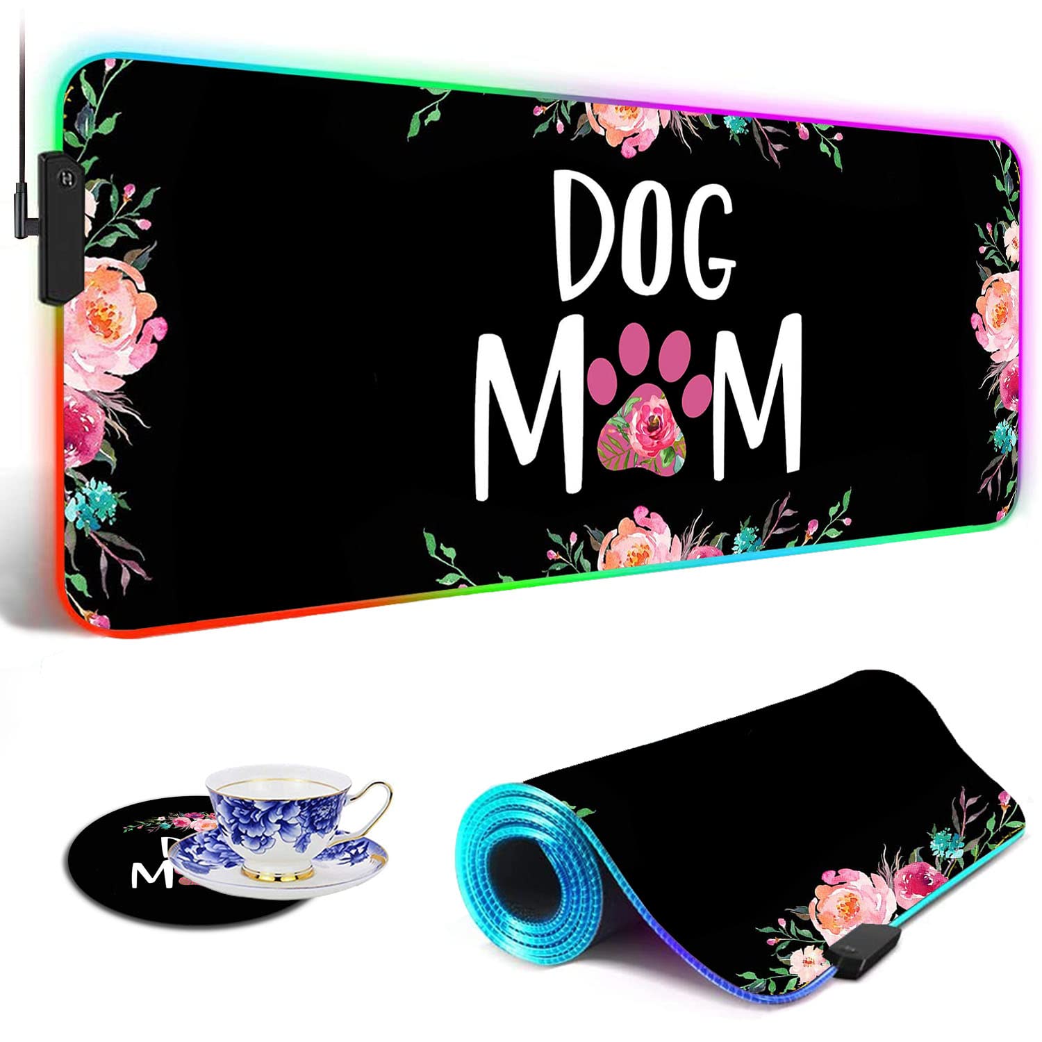 RGB Gaming Mouse Pad - Large LED Light-Up Desk Mat with Non-Slip Waterproof Surface | Floral Design for Gamers & Dog Lovers | Perfect for PC Gaming, Office Work & Home Decor