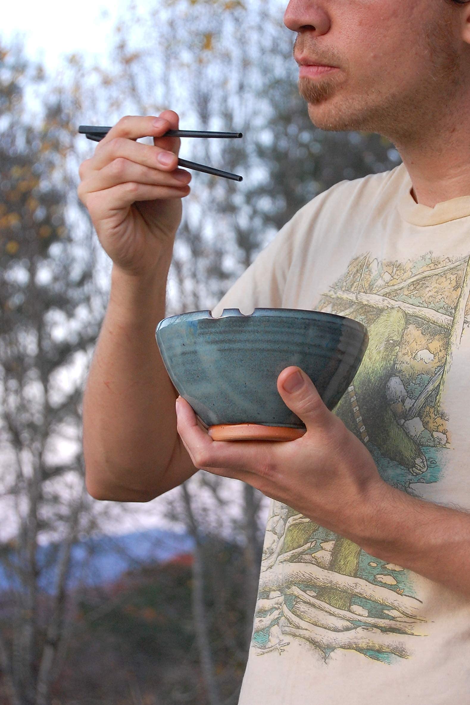 Handmade Slate Blue Ceramic Noodle Bowl - Artisan Ramen Bowl with Chopstick Holder - North Carolina Pottery for Asian Cuisine & Home Dining