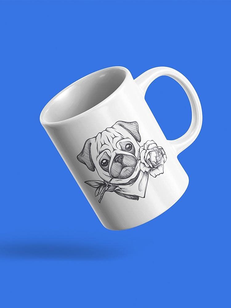 Smartprints Pug Sketch With A Rose Mug - Funny Dog Lover Coffee Cup - Perfect for Home, Office & Gifts