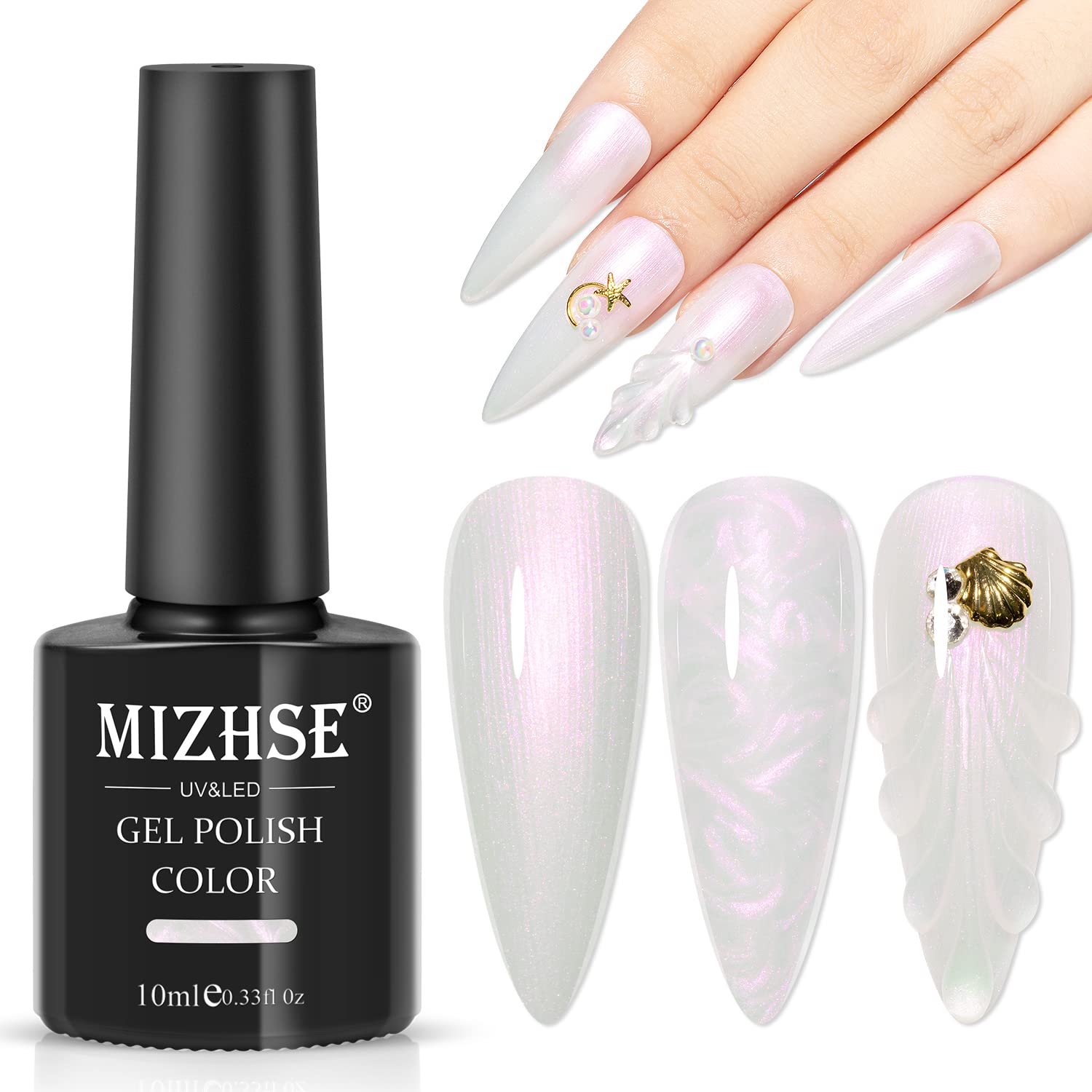 MIZHSE Aurora Effect White & Pink Shimmer Nail Gel Polish - 10 Colors Pearl & Shell Gel Nail Polish Set for UV/LED Soak Off - Perfect for Manicures, Pedicures & Nail Art Designs
