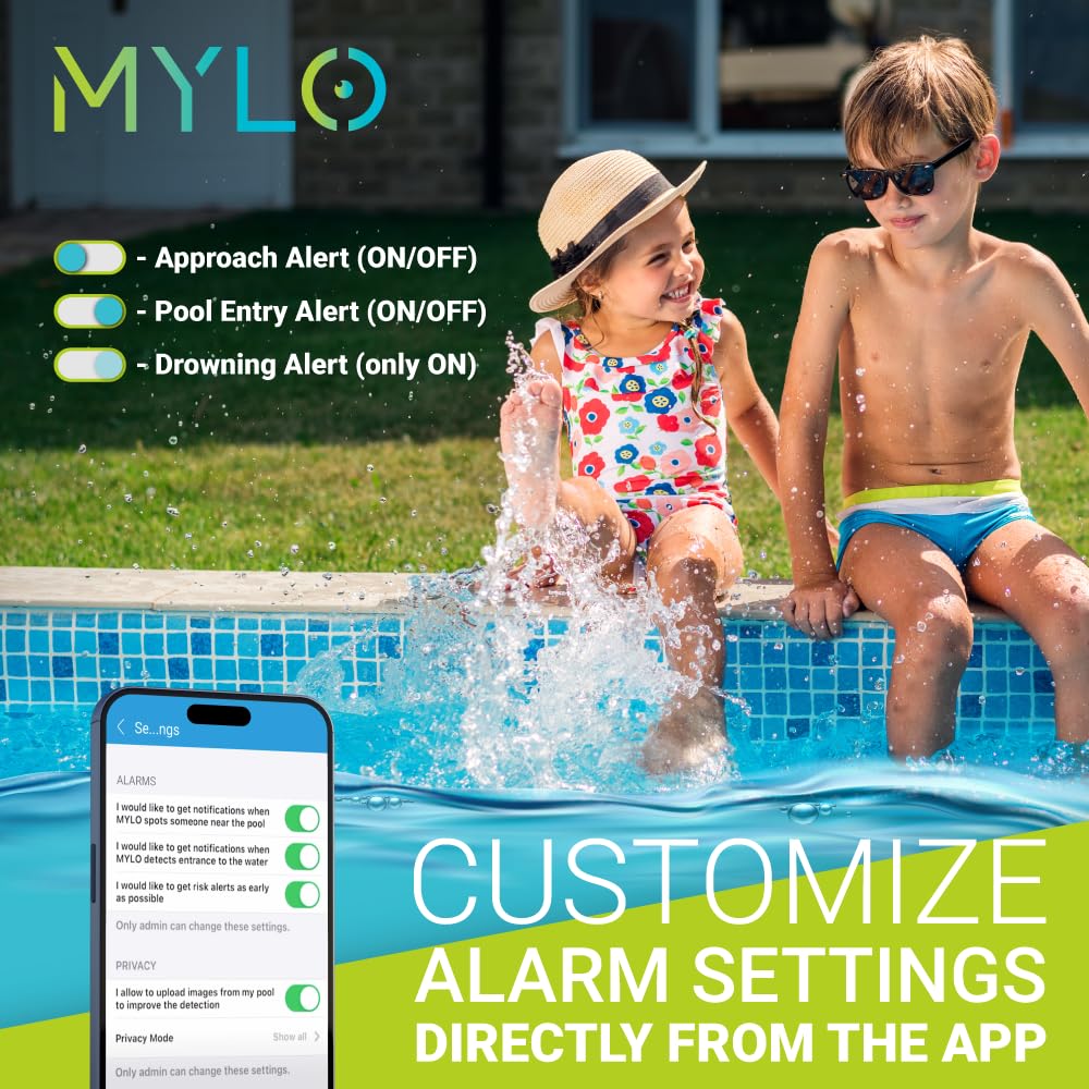MYLO Smart AI Pool Alarm with Dual Cameras - Underwater Drowning Detection System for Inground & Above Ground Pools - Child Safety Swimming Pool Monitor (White) - Perfect for Backyard, Vacation Homes & Family Water Safety