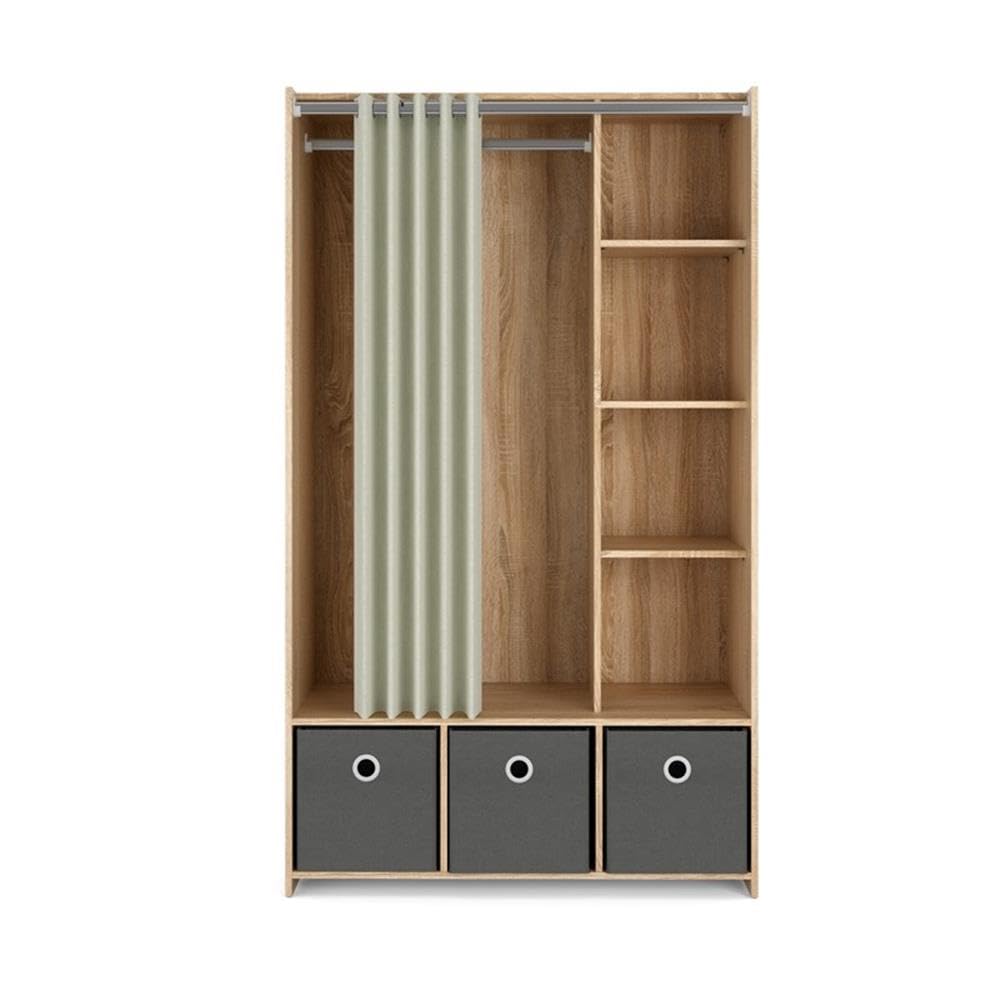 Tvilum Lola 3 Bin Curtain Storage Organizer - Oak Wood Frame with Natural & Gray Fabric Bins - Perfect for Bedroom Closet, Kids Room, or Bathroom Storage
