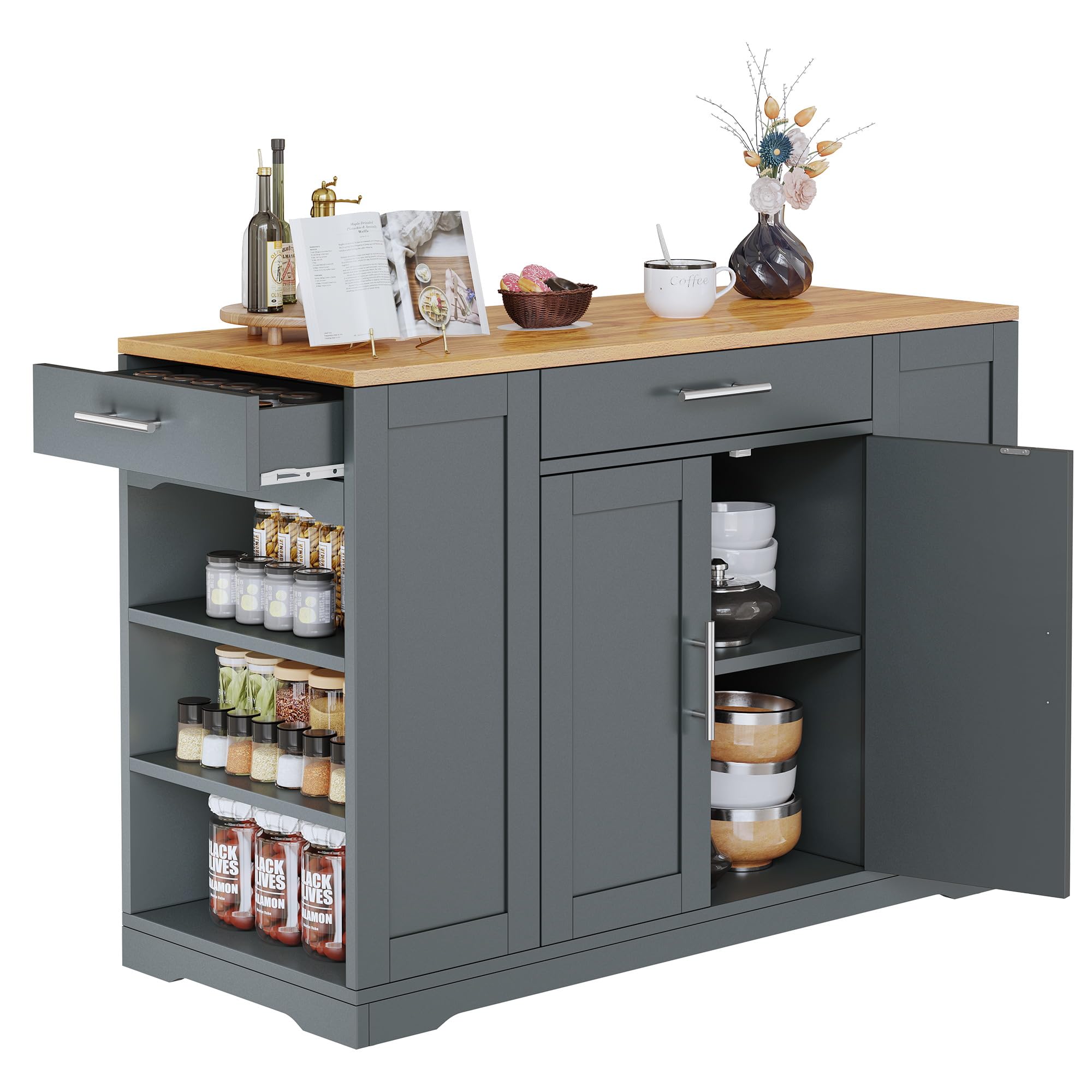 DWVO 53-Inch Large Kitchen Island with Trash Can Storage Cabinet - Portable Rolling Island Table with Wheels for 13 Gallon Garbage Bin, Grey - Perfect for Small Kitchens, Open Shelving Storage & Multi-Purpose Food Prep Station