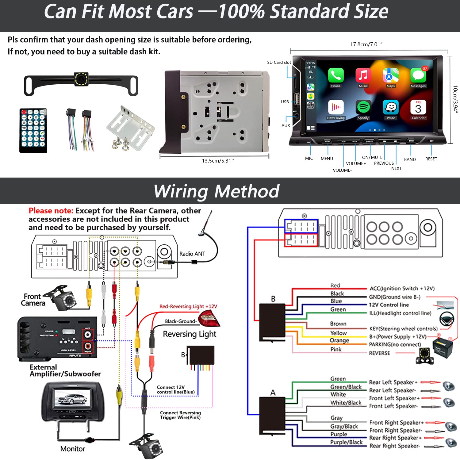 7 Inch Double Din Car Stereo with Apple CarPlay & Android Auto - Bluetooth 5.0, FM Radio, USB/TF/AUX Ports, Backup Camera & Remote Control - Capacitive Touchscreen for Seamless Connectivity - Perfect for Road Trips, Commuting & Hands-Free Driving