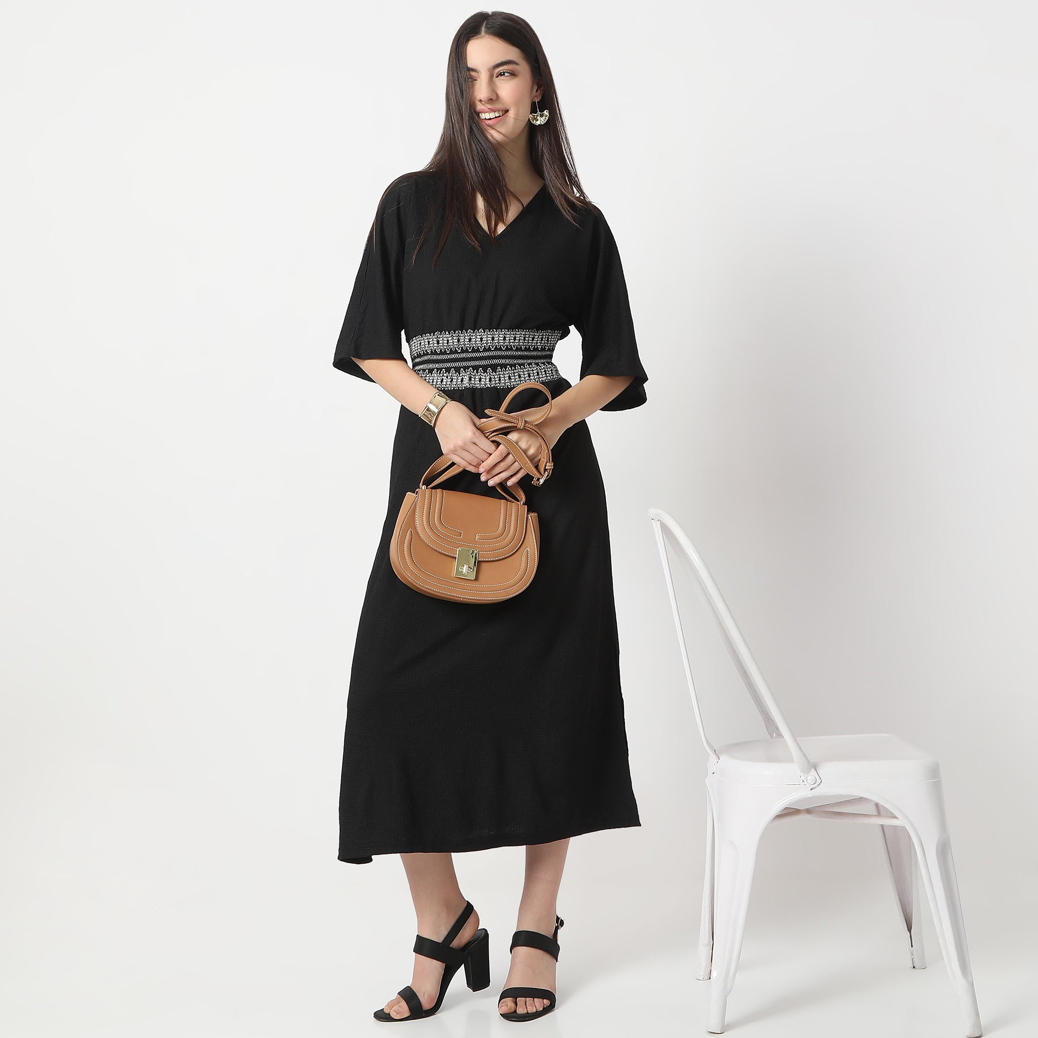 Flare Fit Structured Calf-Length V-Neck Short Sleeve Dress for Women | Slimming Bodycon Midi Dress | Perfect for Office, Date Night & Summer Parties