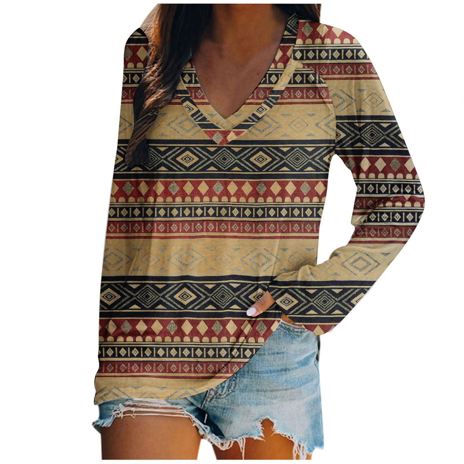 Aztec Print Women's Summer Tops - V Neck Short Sleeve T-Shirts | Casual Comfort Loose Fit Pullover Blouse for Beach, Vacation & Everyday Wear
