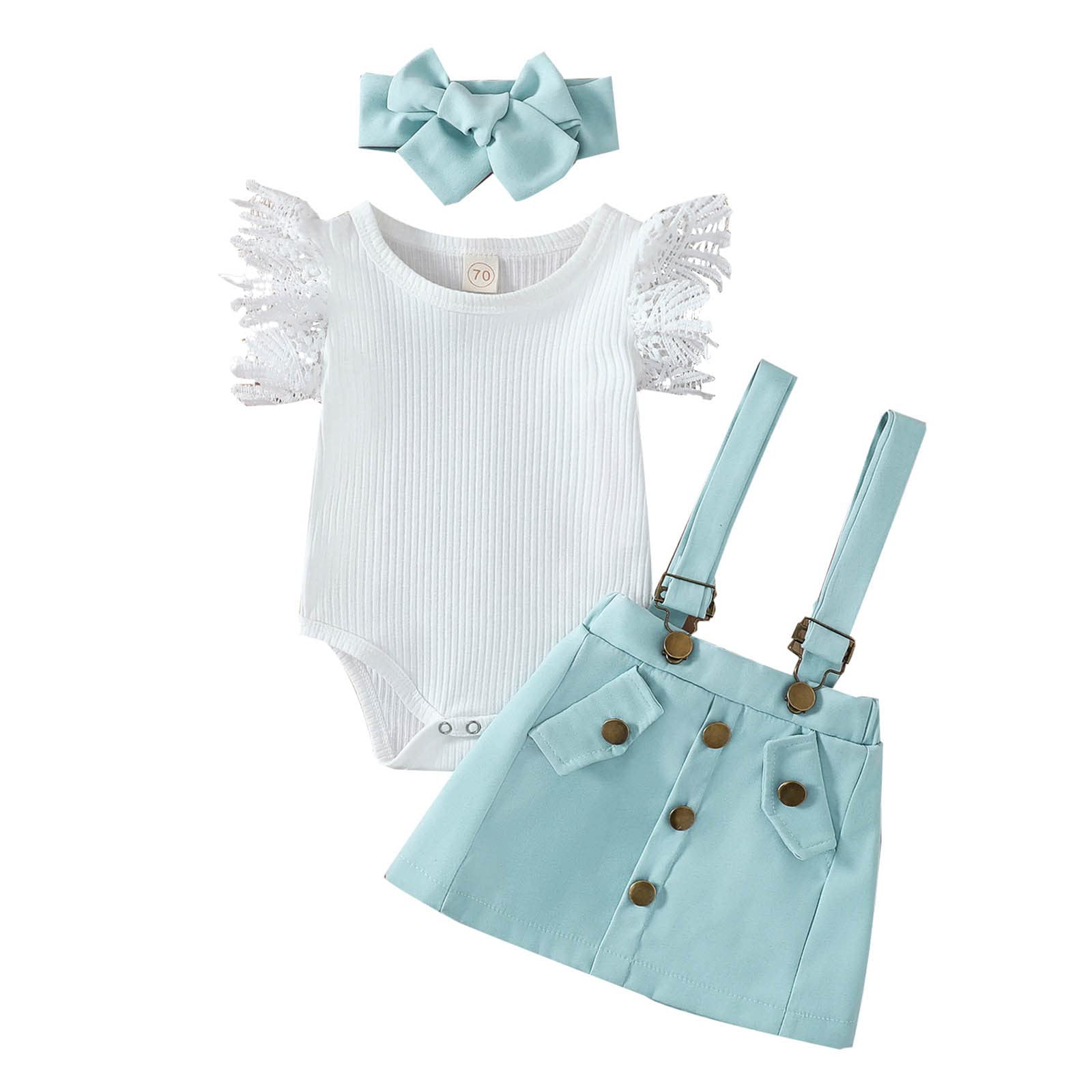 Baby Girls' Ruffled Sleeve Ribbed Romper & Lace Bodysuit Set with Suspenders Skirt & Headband - 0-3 Months Outfit for Newborn Photoshoots & Special Occasions