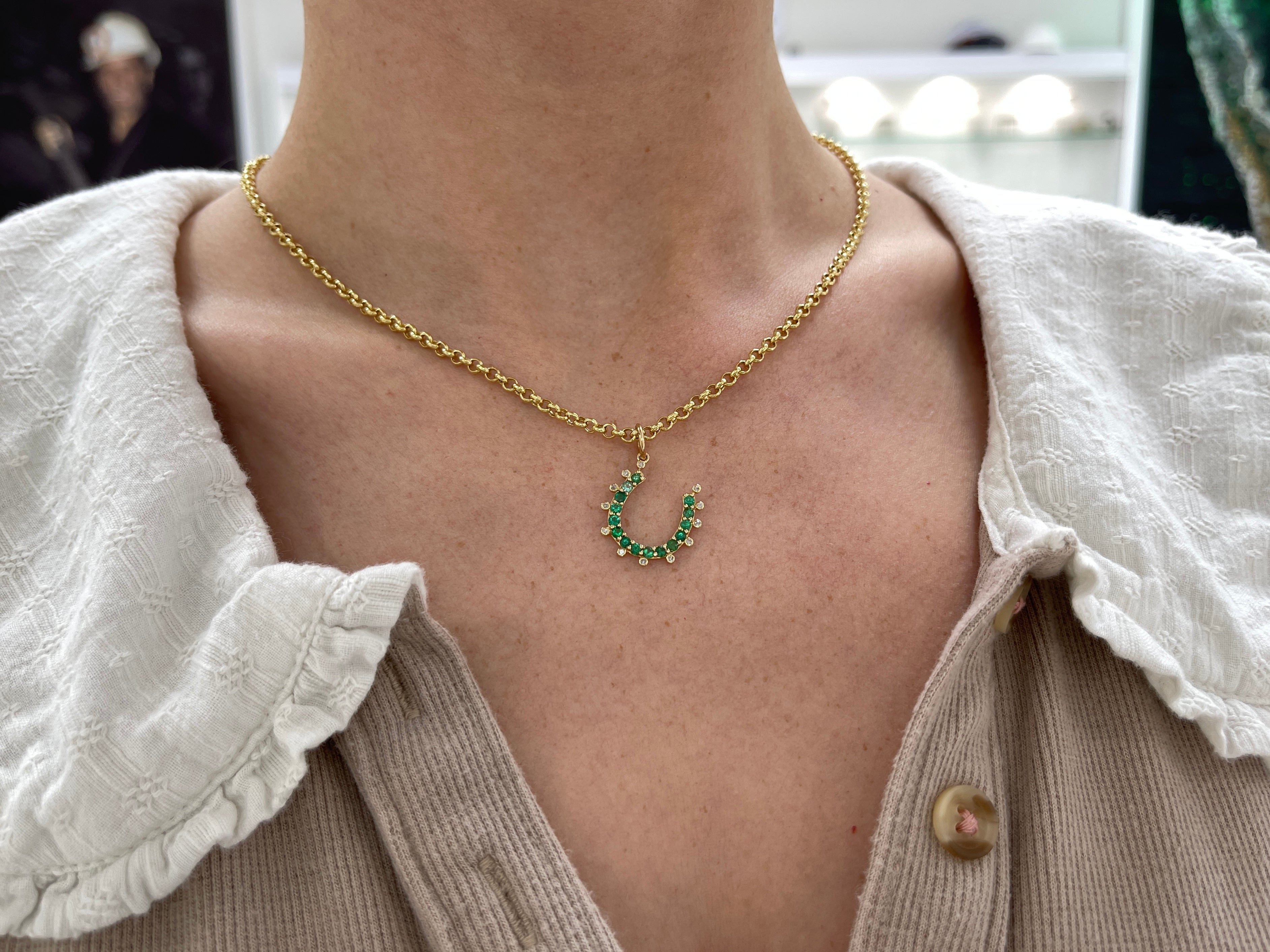 0.98tcw 14K Gold Emerald & Diamond Horseshoe Pendant Necklace for Women - Elegant Lucky Charm Jewelry Gift for Birthday, Anniversary & Special Occasions