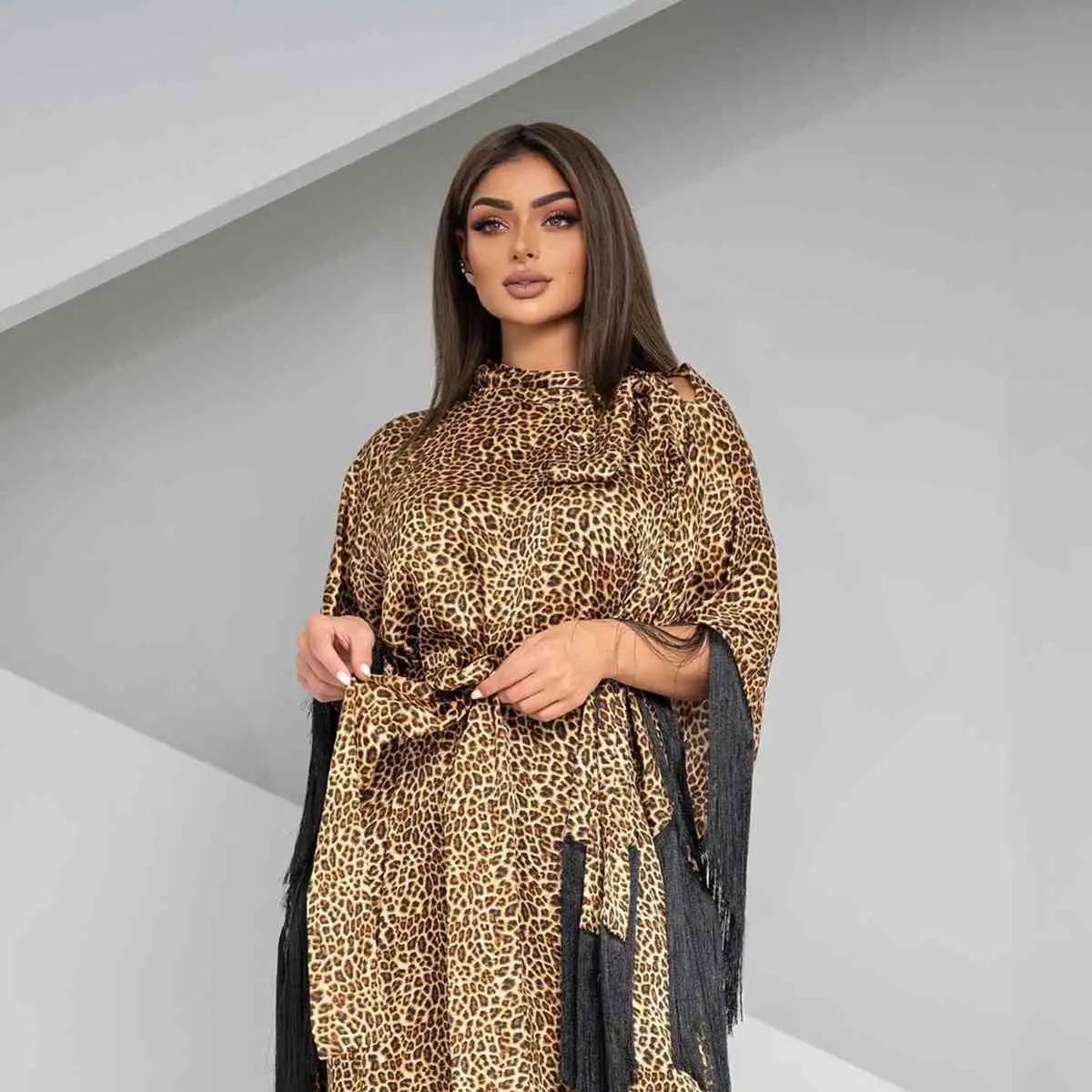 Leopard Print Tassel Sleeve Caftan Dress for Women - Boho Chic Beach Cover Up, Pool Party, Vacation & Summer Outfit