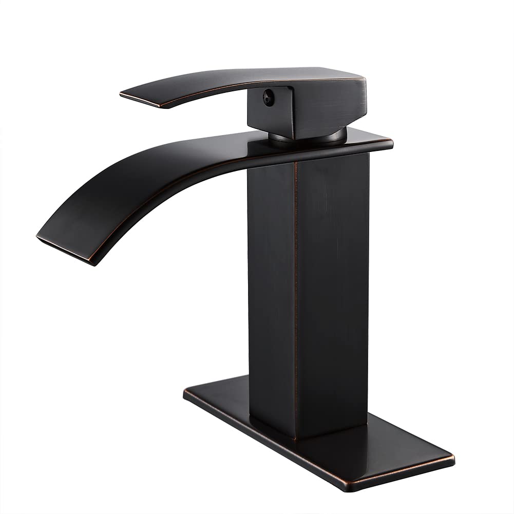 VOTON Oil Rubbed Bronze Modern Waterfall Bathroom Sink Faucet - Single Handle 1 or 3 Hole Deck Plate Design for RV, Camper, Farmhouse & Utility Sink Remodel | Perfect for Small Bathrooms, Guest Suites & Tiny Homes