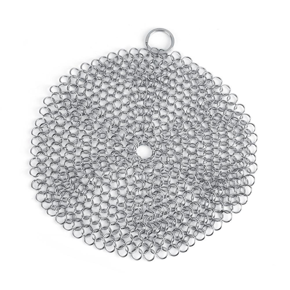 Stainless Steel Rust Proof Scrubber for Cast Iron Skillet, Wok & Pan - 7.09 Inch Anti-Rust Cookware Cleaner with Corner Design - Perfect for Kitchen, Camping & Outdoor Cooking
