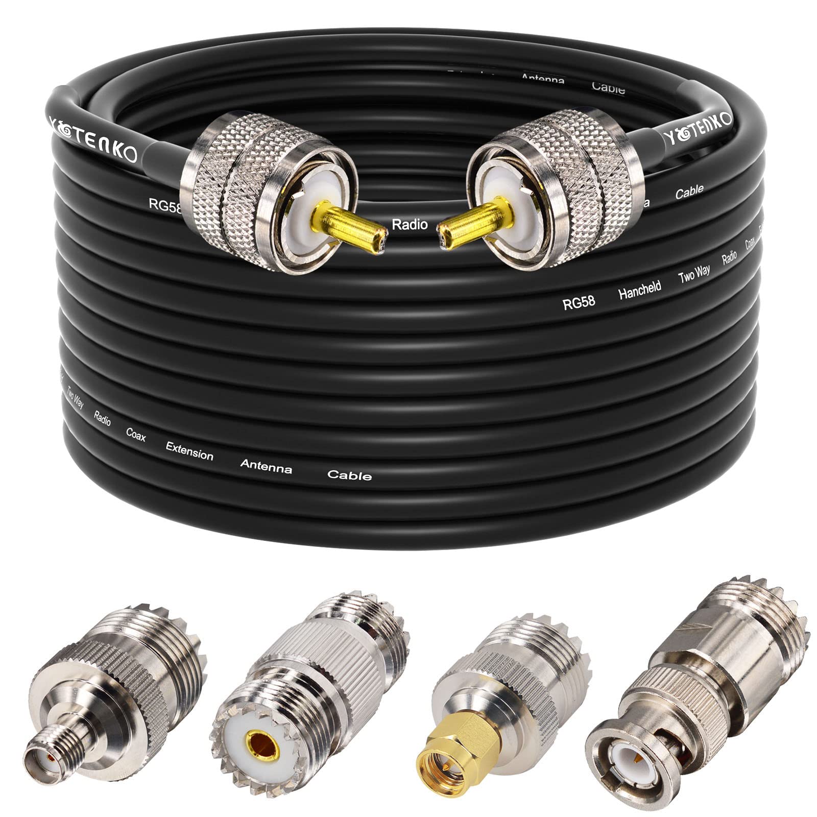 50 Ohm RG58 Coaxial Cable 49.2Ft with UHF PL259 Male to Male Connectors + 4-Pack Adapter Kit (SO239 Female to SMA/UHF/BNC) for Ham Radio, CB Radio, Two-Way Radio, SWR Meter - Perfect for Amateur Radio Setup, Emergency Communication & Field Operations