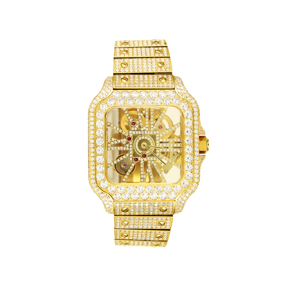 Handcrafted Moissanite Skeleton Dial Gold Stainless Steel Watch - Luxury Unisex Timepiece for Men & Women | Perfect for Weddings, Anniversaries & Formal Events