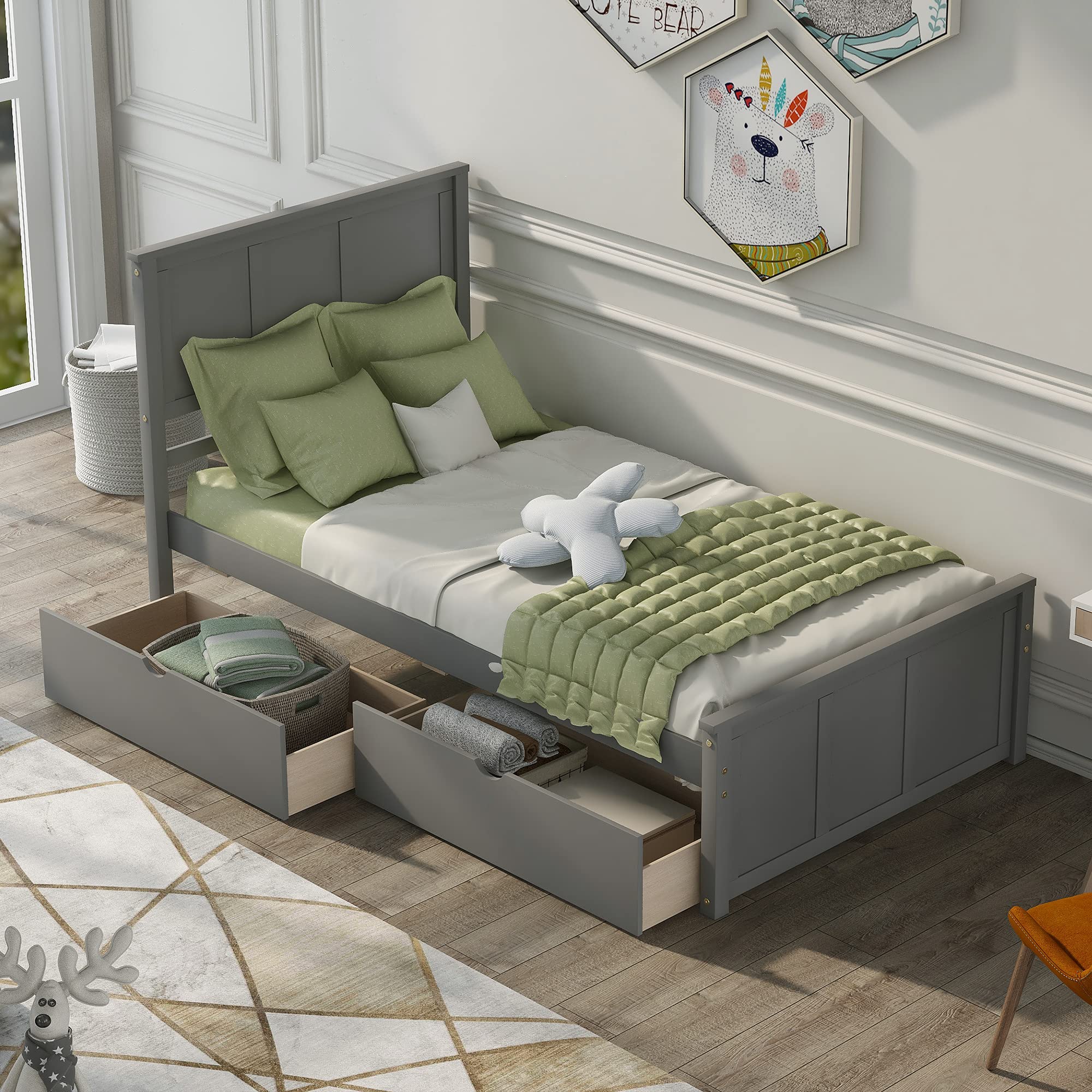 Twin Platform Bed with Drawers - Wooden Storage Bed with Headboard & Slat Support - No Box Spring Needed - Easy Assembly in Gray - Perfect for Small Bedrooms, Guest Rooms & Dormitories