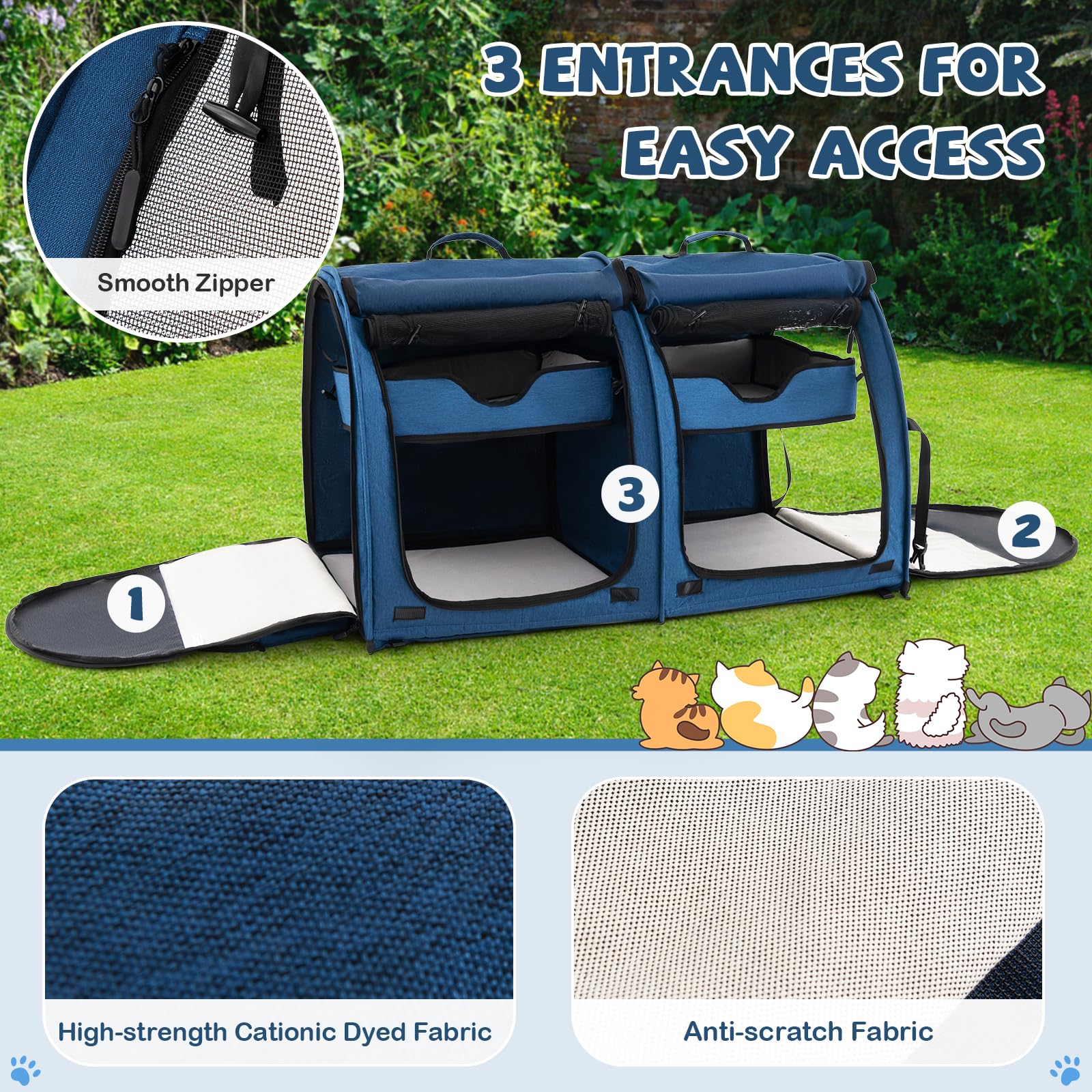 **40 Inch Large Cat Carrier with Double Compartments - Portable Soft-Sided Pet Kennel for Cats & Small Dogs - Includes 2 Removable Hammocks, Dual-Use Mats & Litter Box - Travel Carrier with Carry Bag & Ground Stakes (Navy Blue) - Perfect for Air Travel, Road Trips & Vet Visits**