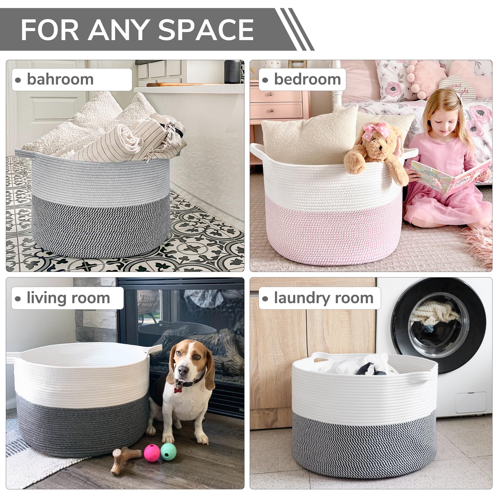 INDRESSME Extra Large Laundry Basket with Handles - 21.7 x 13.8 Inch Woven Storage Bin for Clothes, Toys & Blankets - Grey Cotton Rope Basket for Nursery, Living Room & Bedroom Organization - Perfect for Dirty Laundry, Pet Toys & Home Decor Storage
