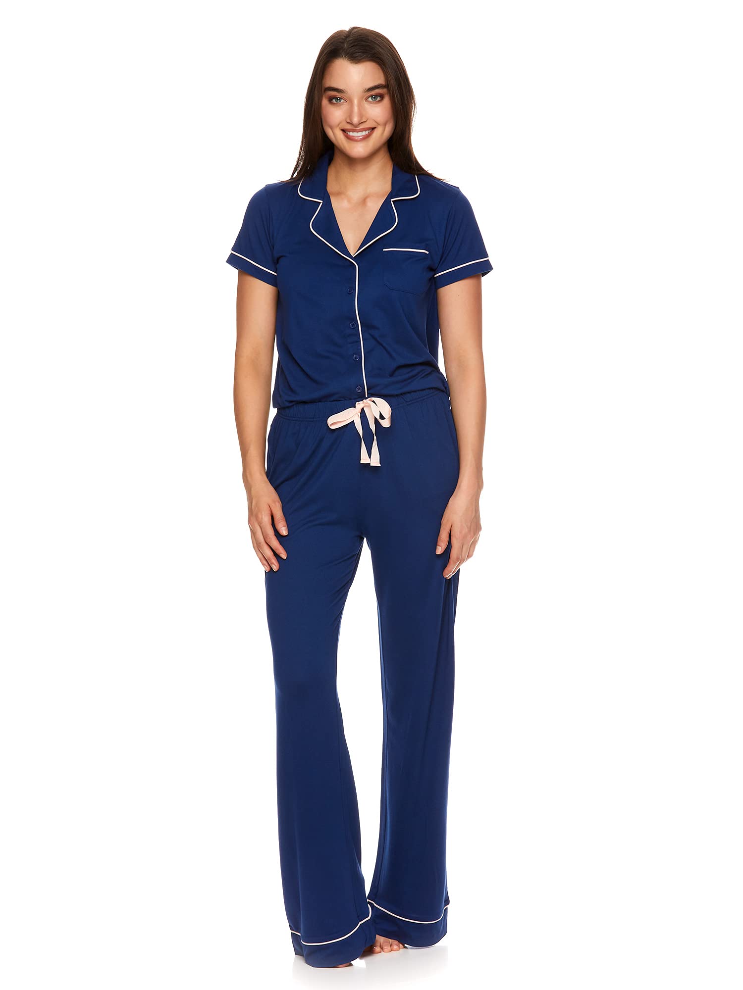 Kathy Ireland Women's Button Down Short Sleeve Shirt & Lounge Pajama Pants Set - Soft Cotton Sleepwear for Comfortable Nights & Relaxing at Home