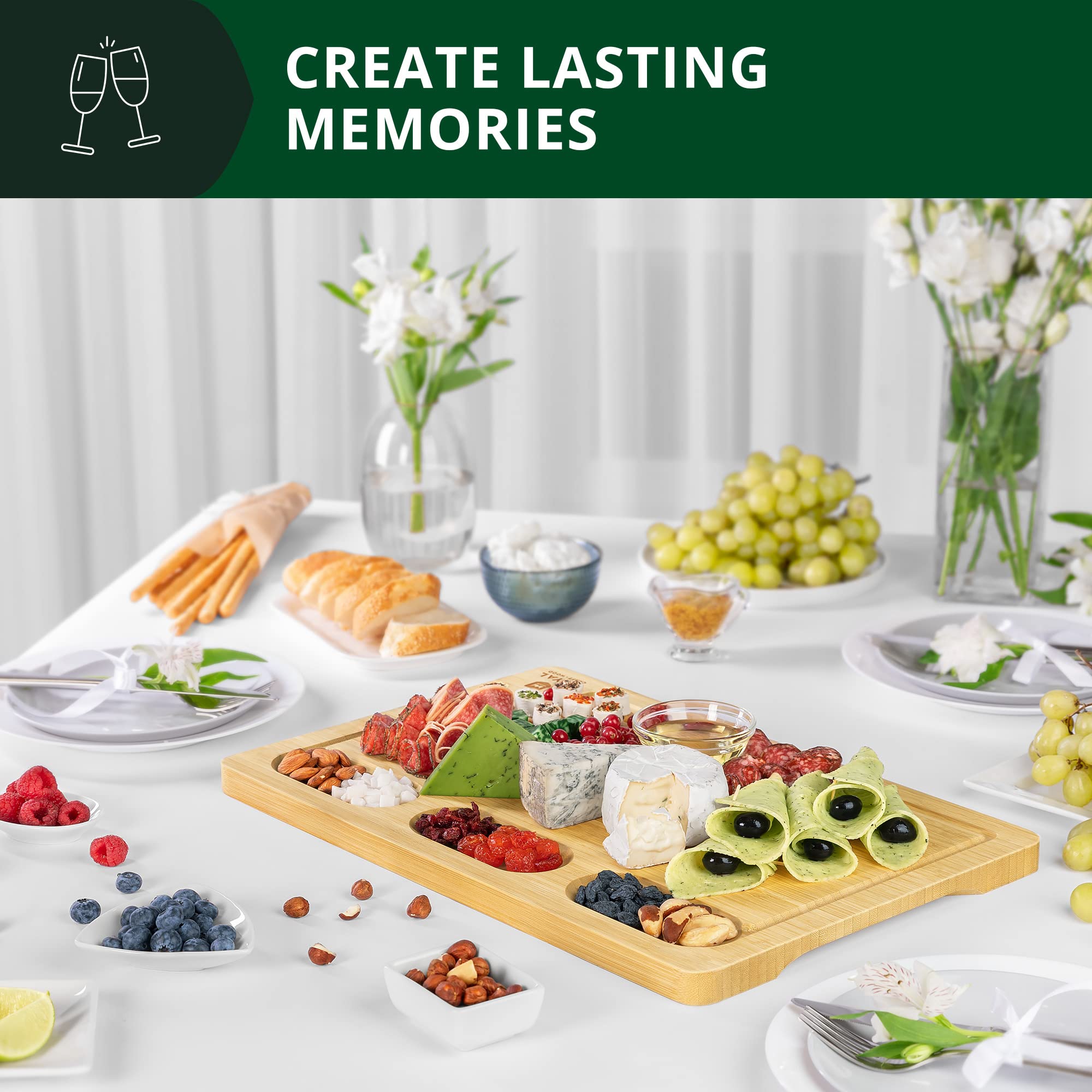 Premium Extra Large Wooden Charcuterie Board Set - Natural Bamboo Cheese & Meat Serving Tray with Handles - Perfect for Entertaining, Housewarming Gifts, Dinner Parties, Wine & Cheese Nights - Appetizer Platter for Charcuterie, Cheese, Fruits & Crackers