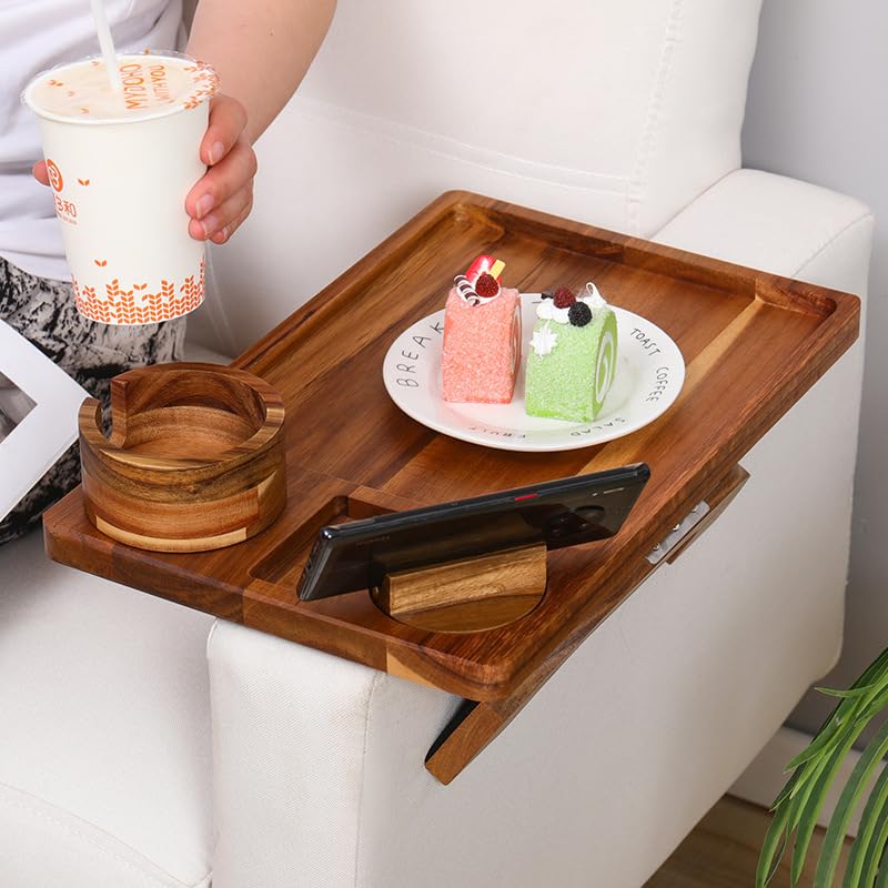 360° Rotating Sofa Armrest Tray - 3-in-1 Clip-On Table with Phone & Cup Holder for TV Dinners, Snacks & Remote Control - Fits All Armrest Shapes & Widths - Perfect for Living Room, Bedroom & Office Use