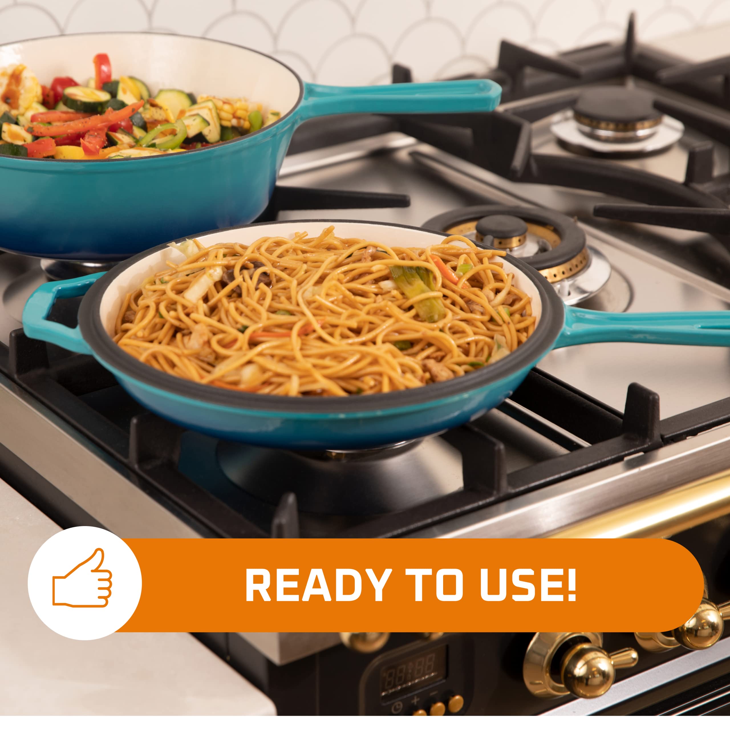 Bruntmor 2-in-1 Blue 3 Quart Pre-Seasoned Cast Iron Dutch Oven with Handle & Mini Skillet - All-in-One Cookware Set for Braising, Frying, Baking - Perfect for Camping, Outdoor Cooking, Backpacking & Home Kitchen Use