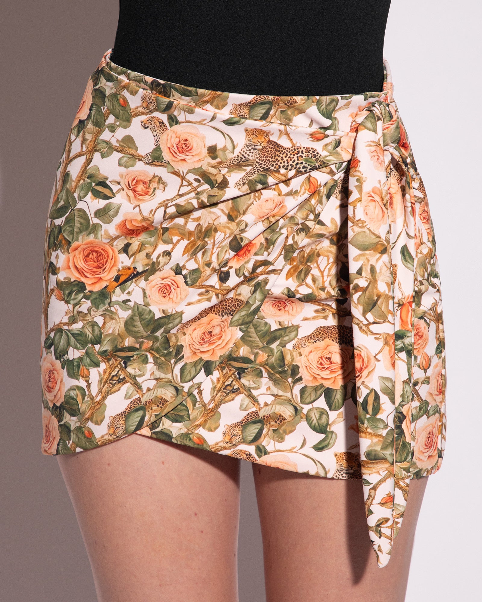 Mini Wrap Skirt - Rose Leopard Print Floral Design Women's Fashion Skirt for Casual Wear, Beach, Vacation & Summer Outfits