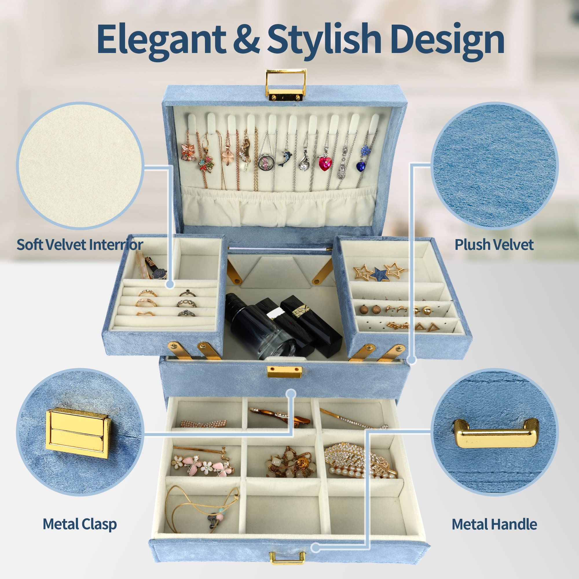 Dajasan Velvet Jewelry Organizer Box for Women - Elegant Jewelry Storage Case for Rings, Necklaces, Bracelets, Earrings & Watches (Blue) - Perfect for Bedroom Vanity, Travel & Gift Giving