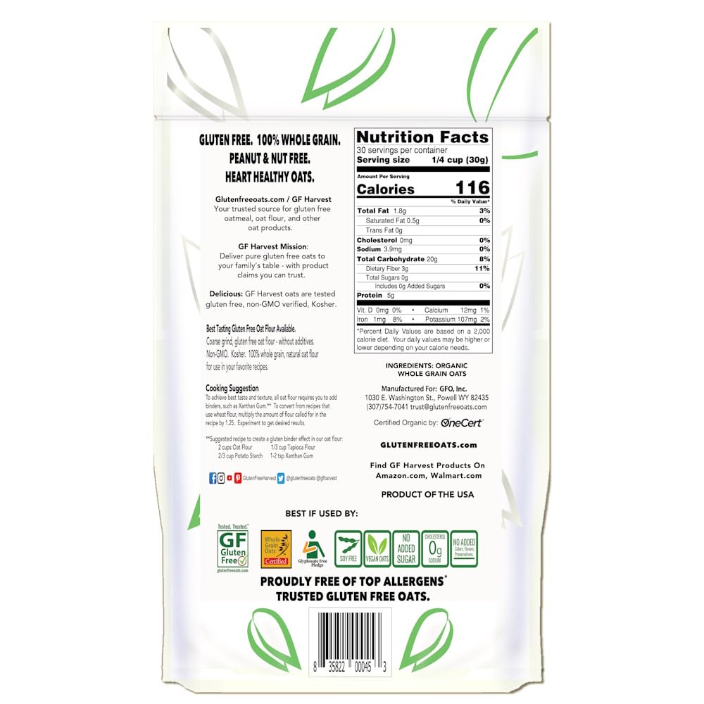 GF Harvest Gluten Free Organic Whole Grain Oat Flour - 32 Ounce (2 Pack) | USDA Certified | Perfect for Baking, Smoothies & Healthy Recipes