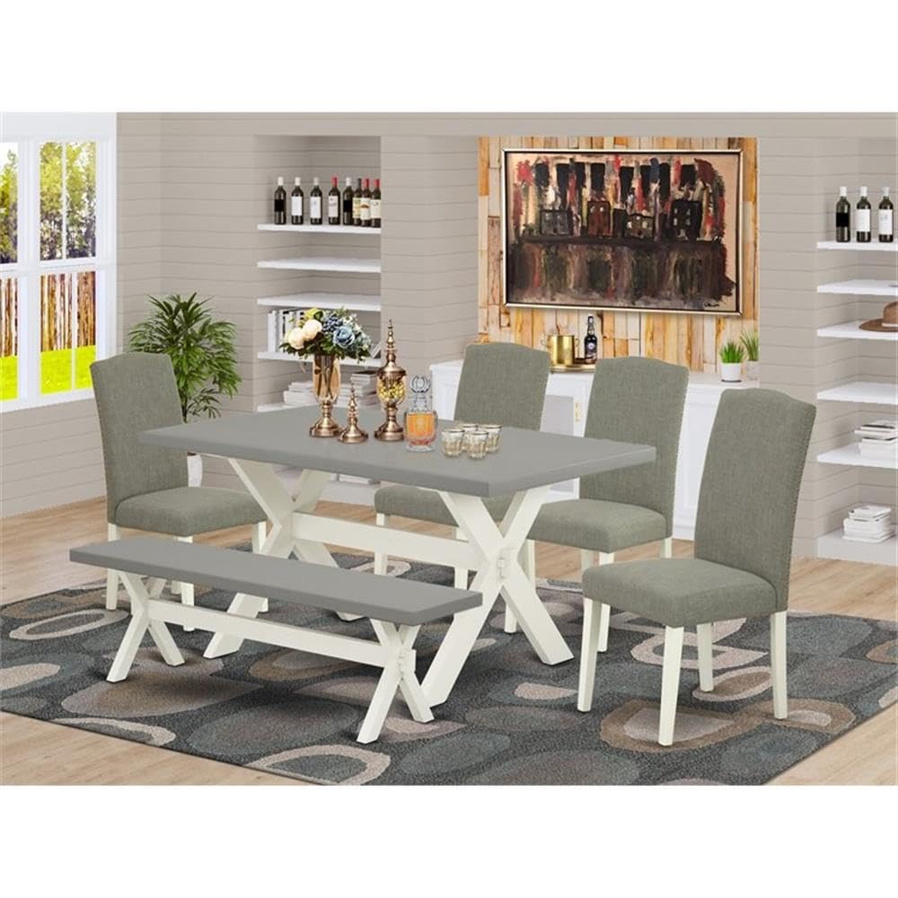 East West Furniture 6-Piece Kitchen Dining Set - 36x60 Inch Rectangle Table, 4 Dark Shitake Fabric Chairs & Bench - Modern Multi-Color Home Furniture for Kitchen, Dining Room, and Breakfast Nook