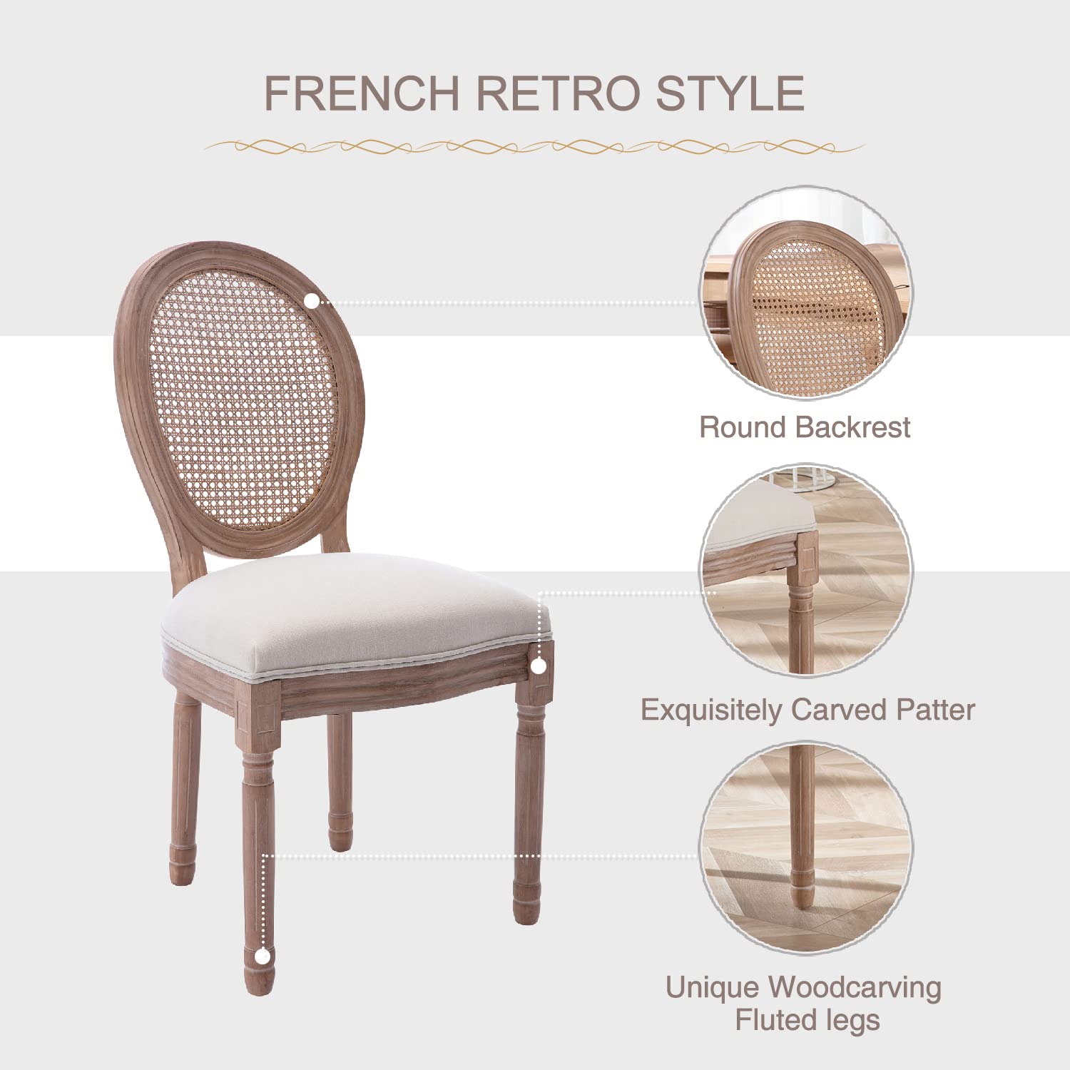 Virabit French Dining Chairs Set of 4 - Rattan Farmhouse Upholstered Chairs with Curved Backrest & Carved Solid Wood Frame - Elegant Seating for Living Room, Kitchen, Restaurant, Cafe, and Outdoor Dining Areas