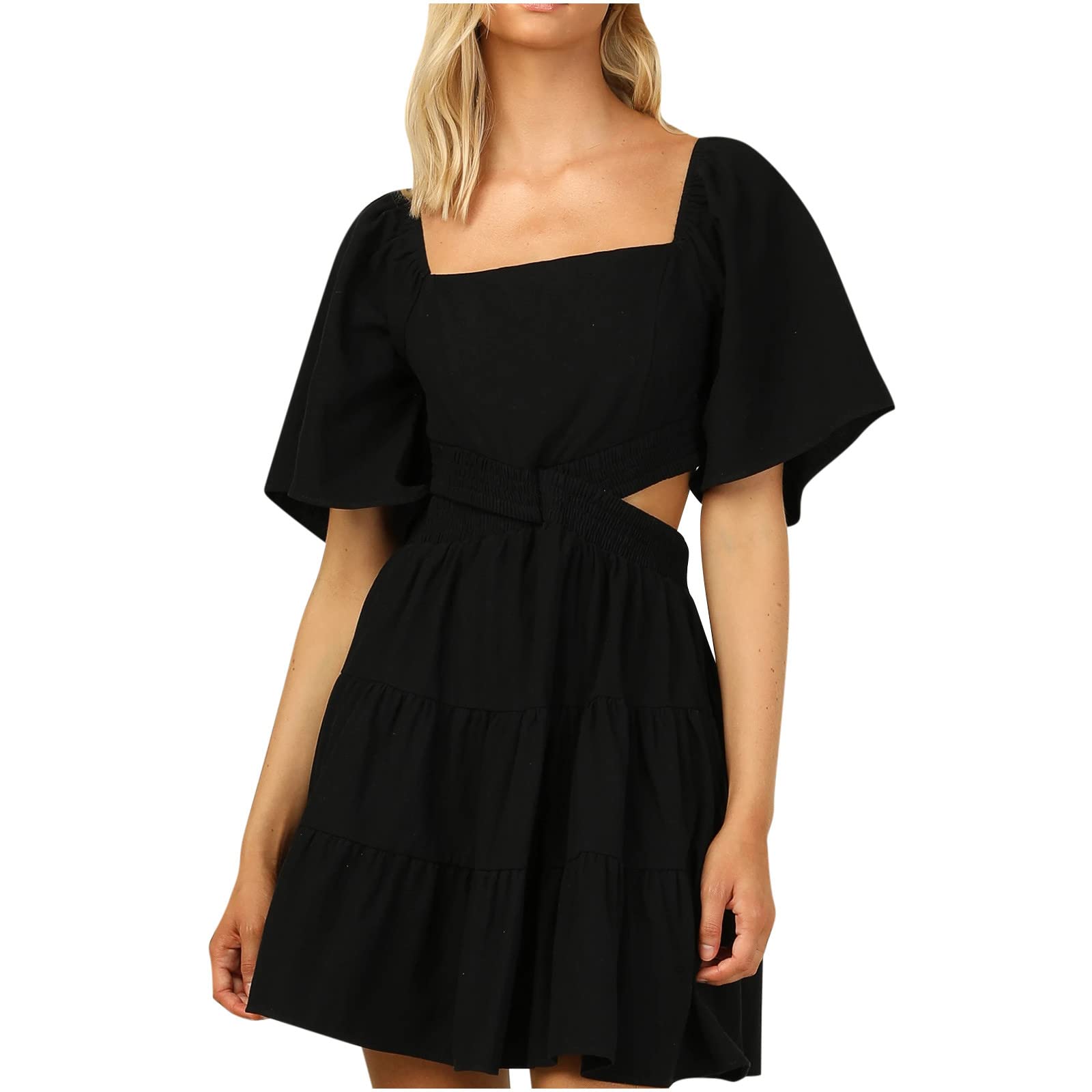 LCZIWO Women's Square Neck Mini Short Dress - Short Sleeve Casual Swing Ruffle Skater Dress with Cutout Stretchy Waist | Perfect for Summer Outfits, Beach Vacations, and Date Nights